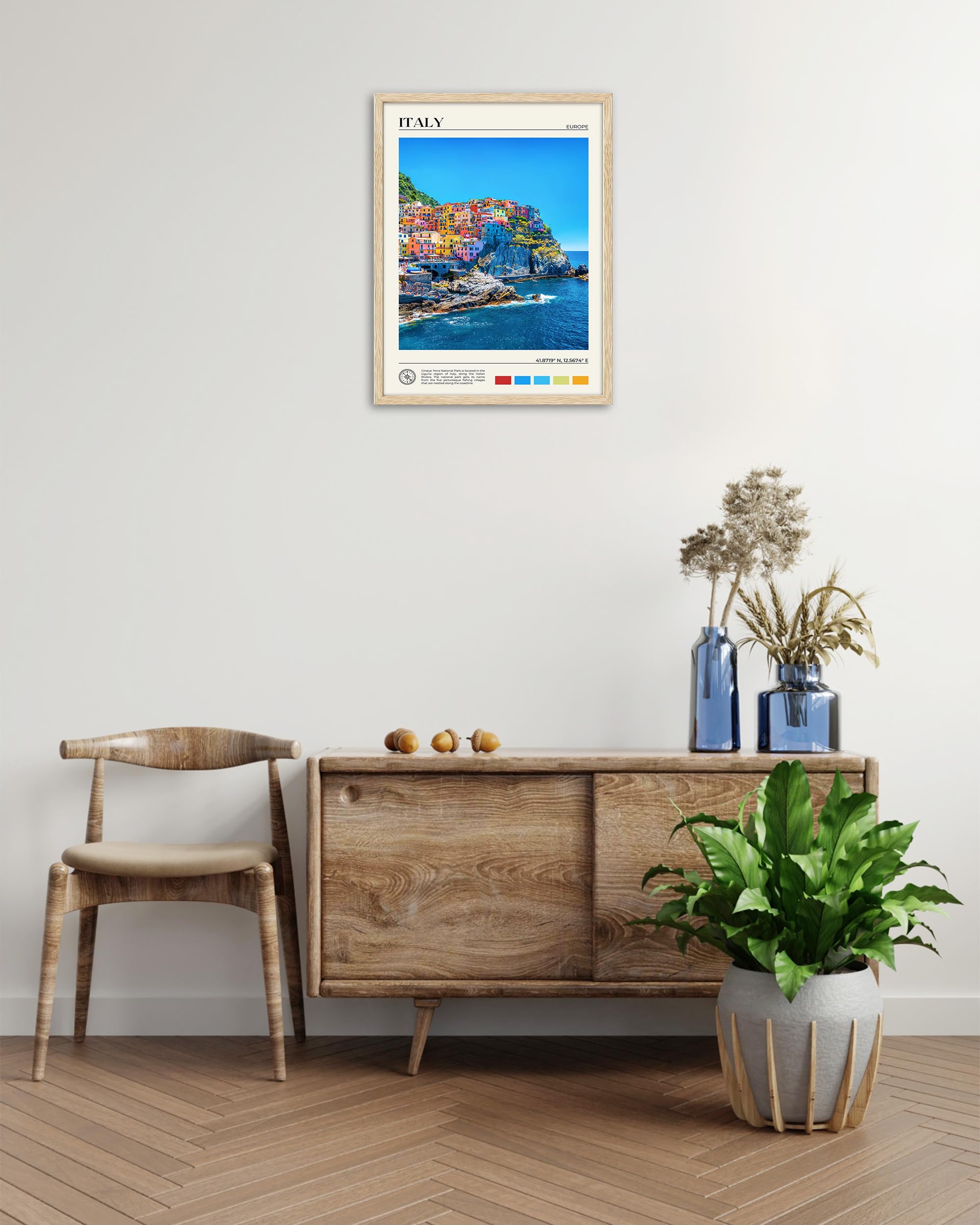 Hesendot Natural Oak Wood Framed Cinque Terre National Park Wall Art,12X16In Italian Natural Seascape Canvas Wall Print,Classic