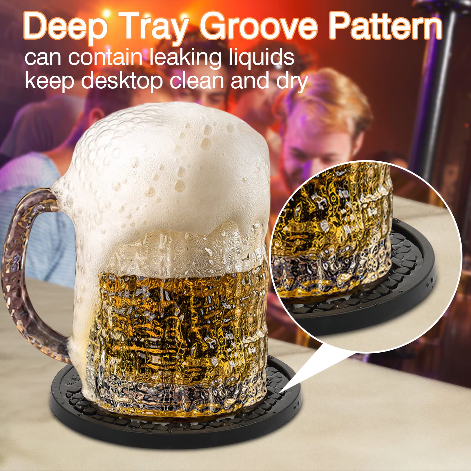 3 Pack Silicone Coasters For Drinks, Thickened Black Coasters With Deep Tray Grooved Design Cup Mat, Washable Heat Resistant Dur