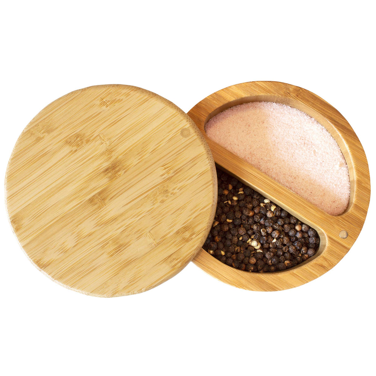 Totally Bamboo Salt Keeper Duet Salt And Pepper Bowl, Salt Cellar And Storage Box With Two Compartments, Magnetic Swivel Lid