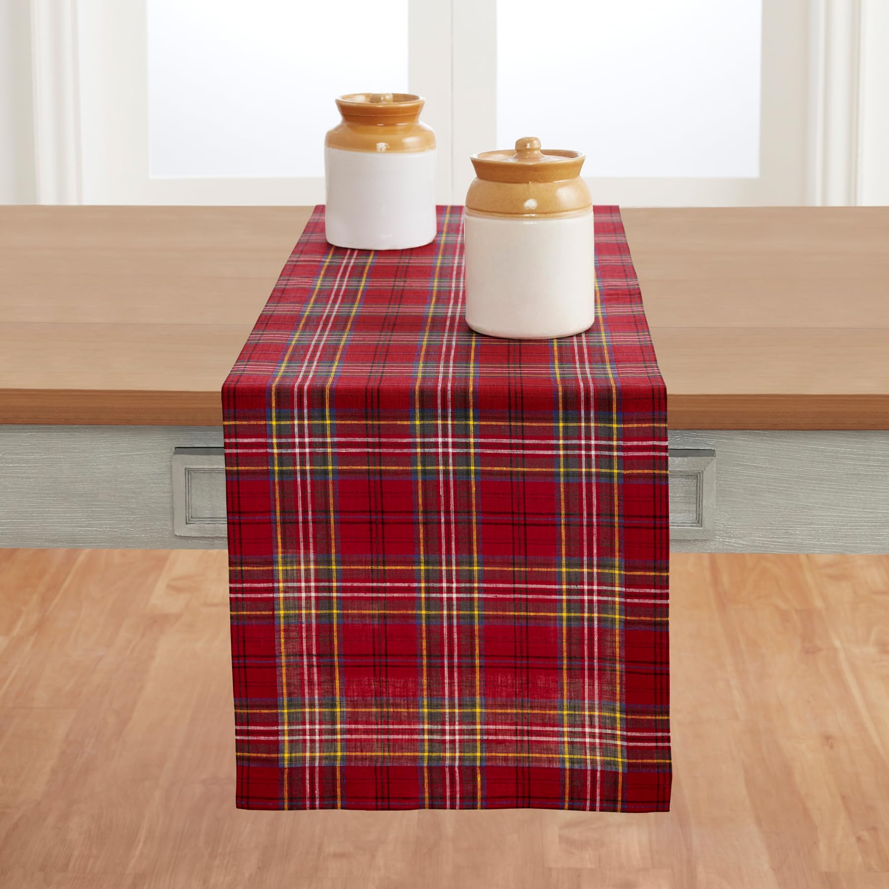 Solino Home Table Runner 90 Inches Long - 100% Pure Linen Red Classic Tartan Plaid Table Runner 14 X 90 Inch - Handcrafted And M