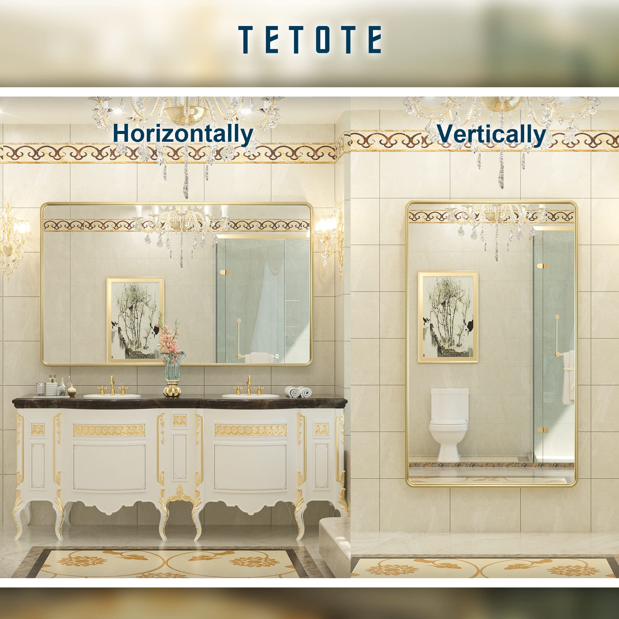 Tetote 60 X 36 Inch Mirrors For Bathroom, Brushed Brass Gold Vanity Mirror, Large Rectangular Metal Frame Modern Wall Mirror For