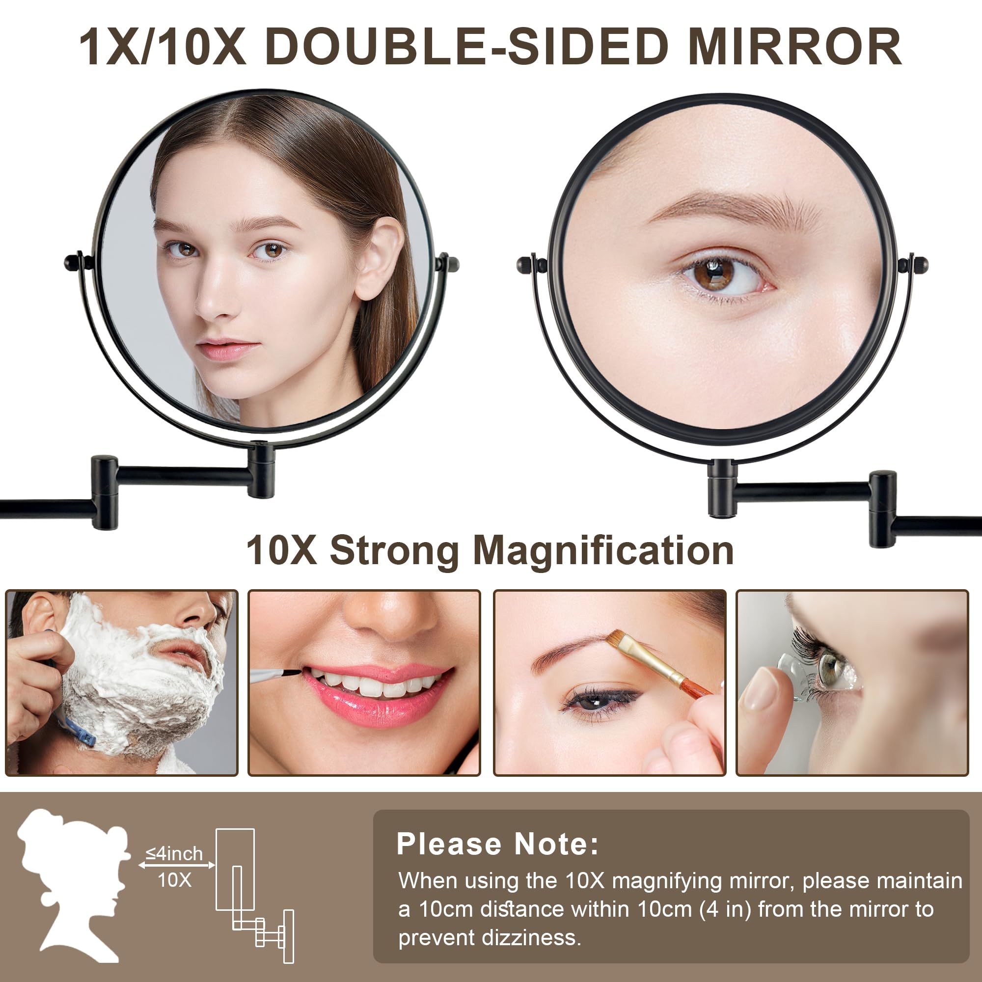 Janeeva 8'' Wall Mounted Makeup Mirror, 1X/10X Magnifying Mirror With 360 Extendable Arm Mirror For Bathroom-Double Sided Vanity