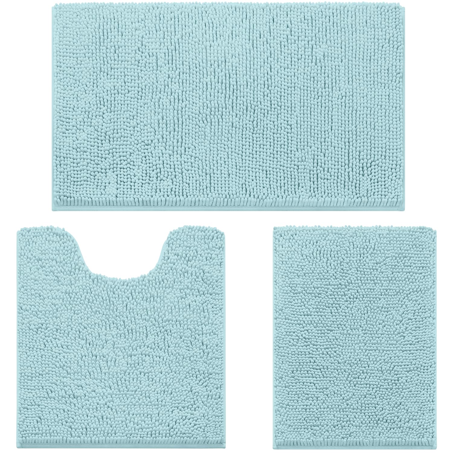 HOMEIDEAS 3 Pieces Bathroom Rugs  Ultra Soft Non Slip Absorbent Chenille Toilet Bath Mat Set (Light Blue)