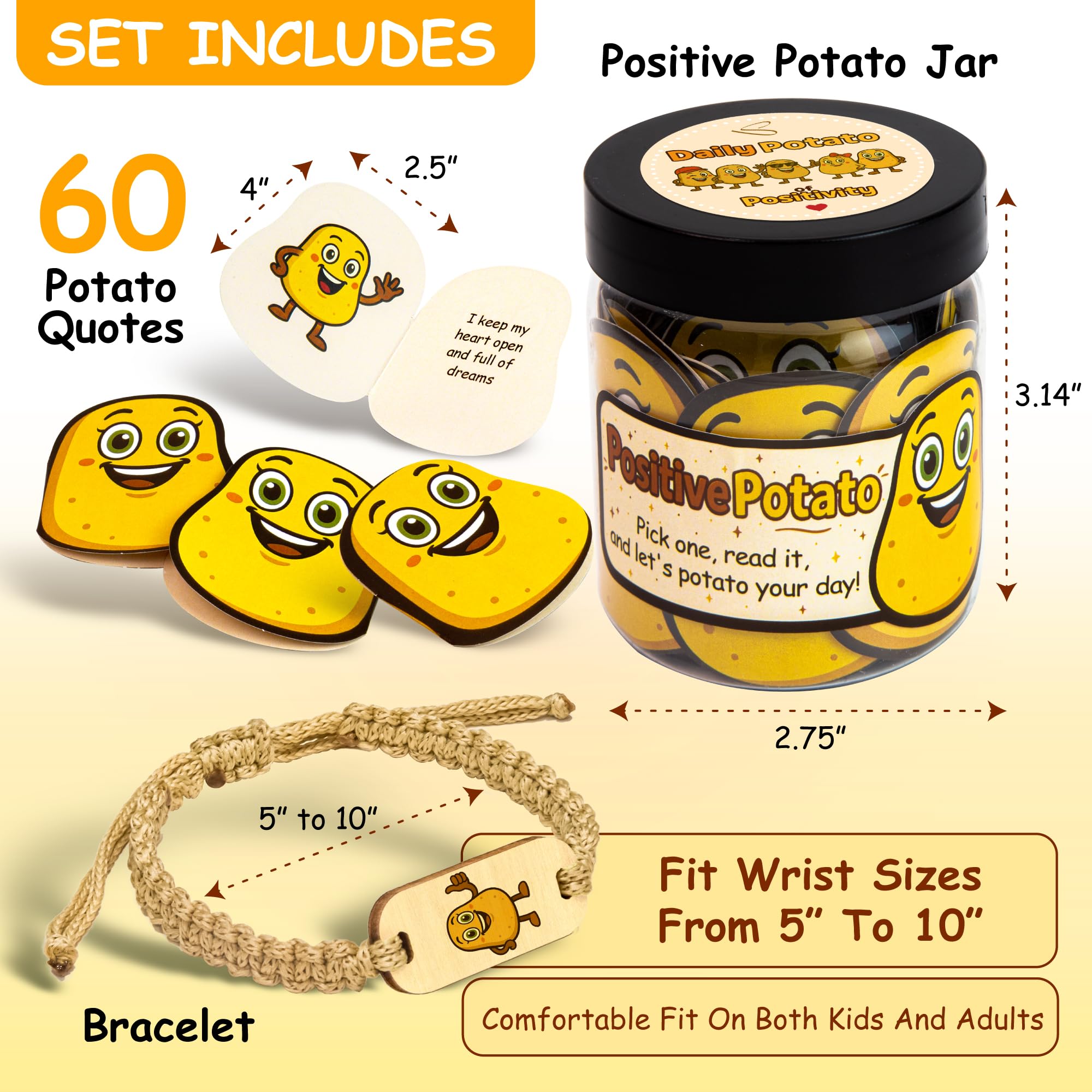 Stofinity Cute Positive Potato Affirmations Jar - 60 Positive Affirmations Cards For Men, Emotional Support Potato Gift, Funny I