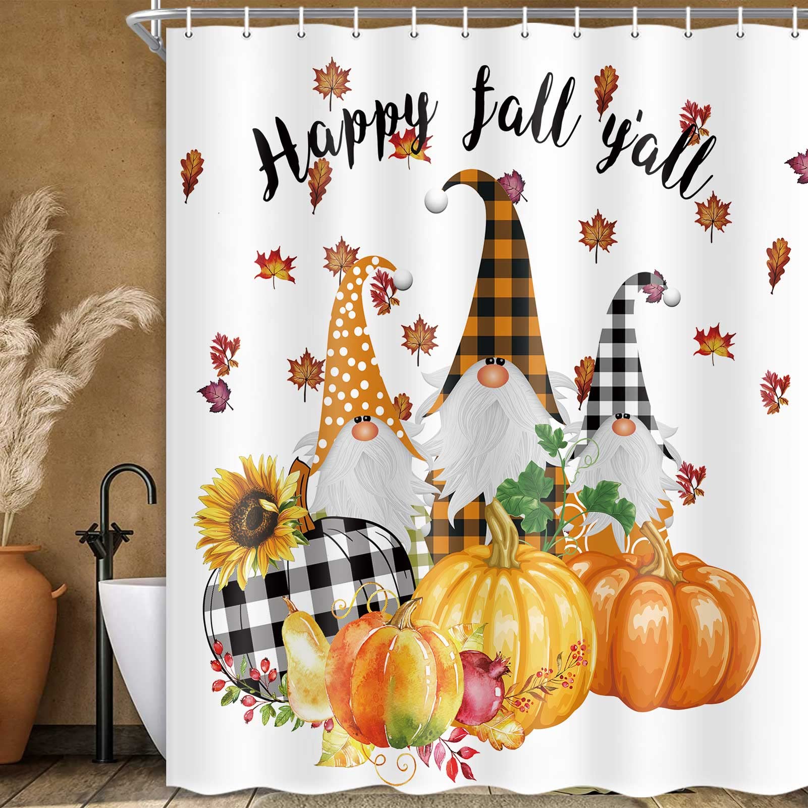 Merchr Fall Shower Curtain For Bathroom, Autumn Sunflower Pumpkin Gnome Design Thanksgiving Bathtub Curtains, Waterproof Fabric