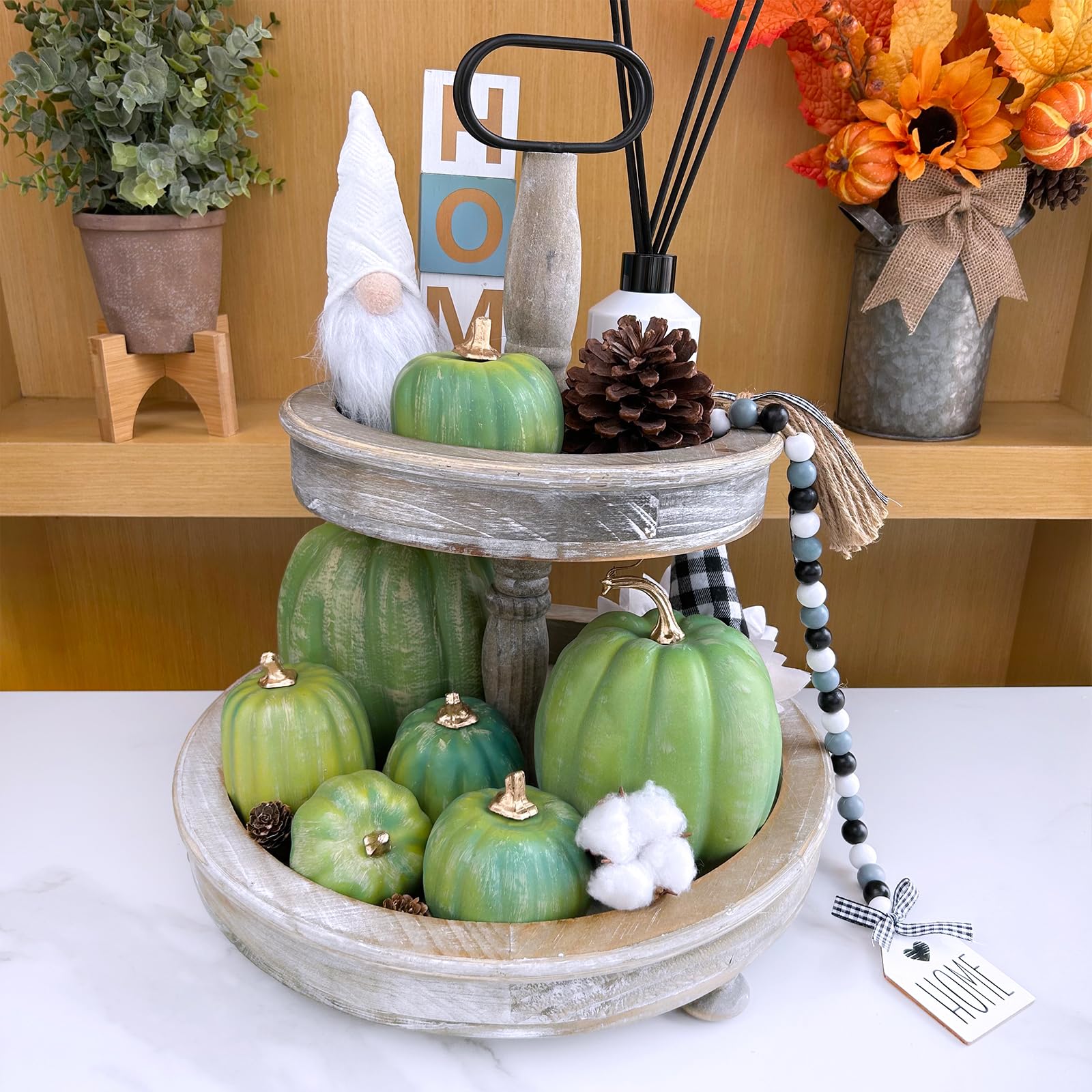 Winlyn 7 Pcs Assorted Green Artificial Pumpkins Harvest Pumpkins Deep Green Decorative Foam Pumpkins for Farmhouse Fall Wedding