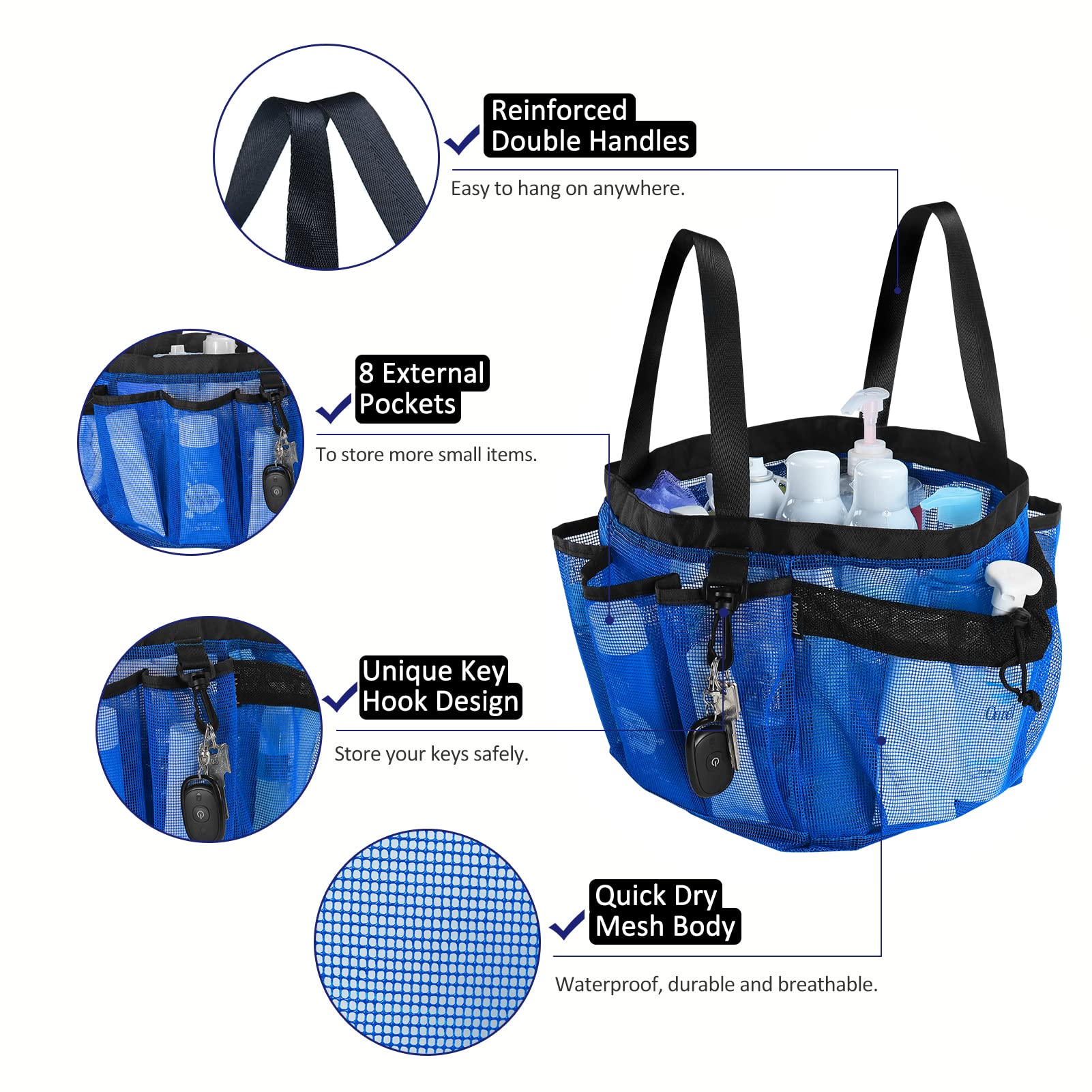 Moyad Large Mesh Shower Caddy Bag For College Dorm Room Essentials With 8 Pockets, Hanging Portable Shower Tote Bag Travel Showe