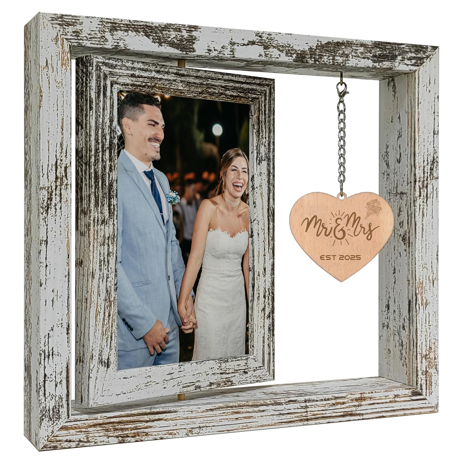 soruney Mr & Mrs EST 2025 Picture Frame - 360 Rotating Double Photo Frame Vintage Wedding Gifts for Newlyweds - Bridal Shower Gi