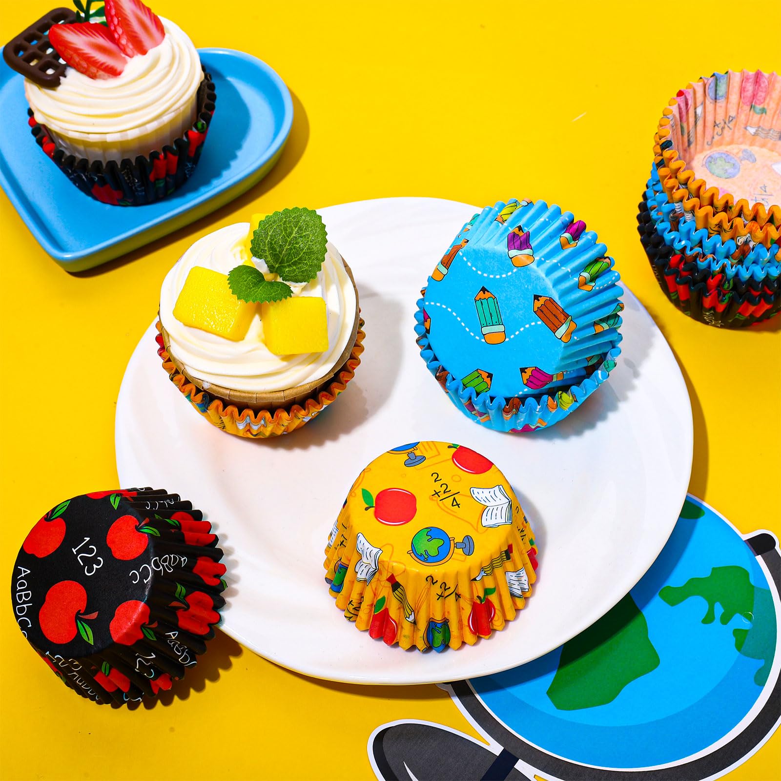 Jarthenaamcs 300Pcs Back To School Cupcake Liners Apples Pencil Baking Cups School Classroom Cupcake Wrappers Holders Muffin Lin