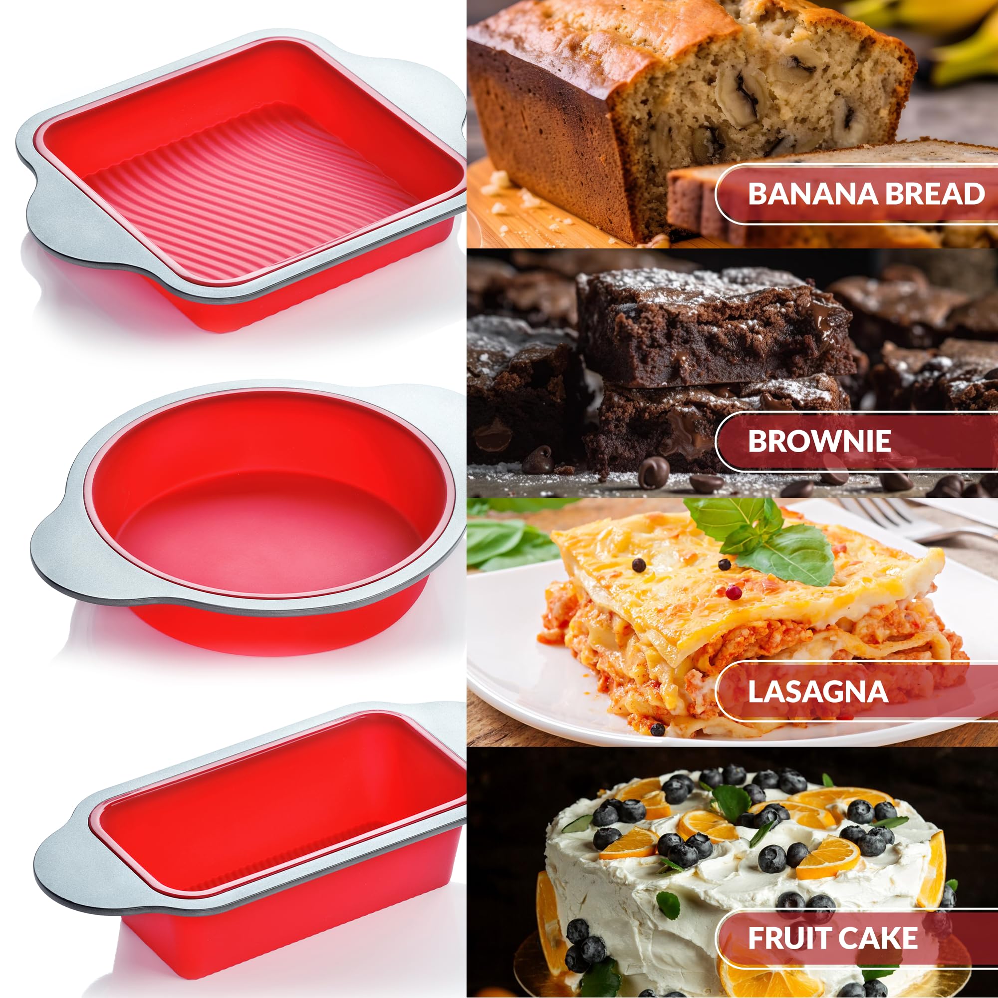Boxiki Kitchen Silicone Baking Pans Set. 3 Pcs Professional Silicone Non-Stick Baking Cake Pans Set Includes Silicone Round Cake