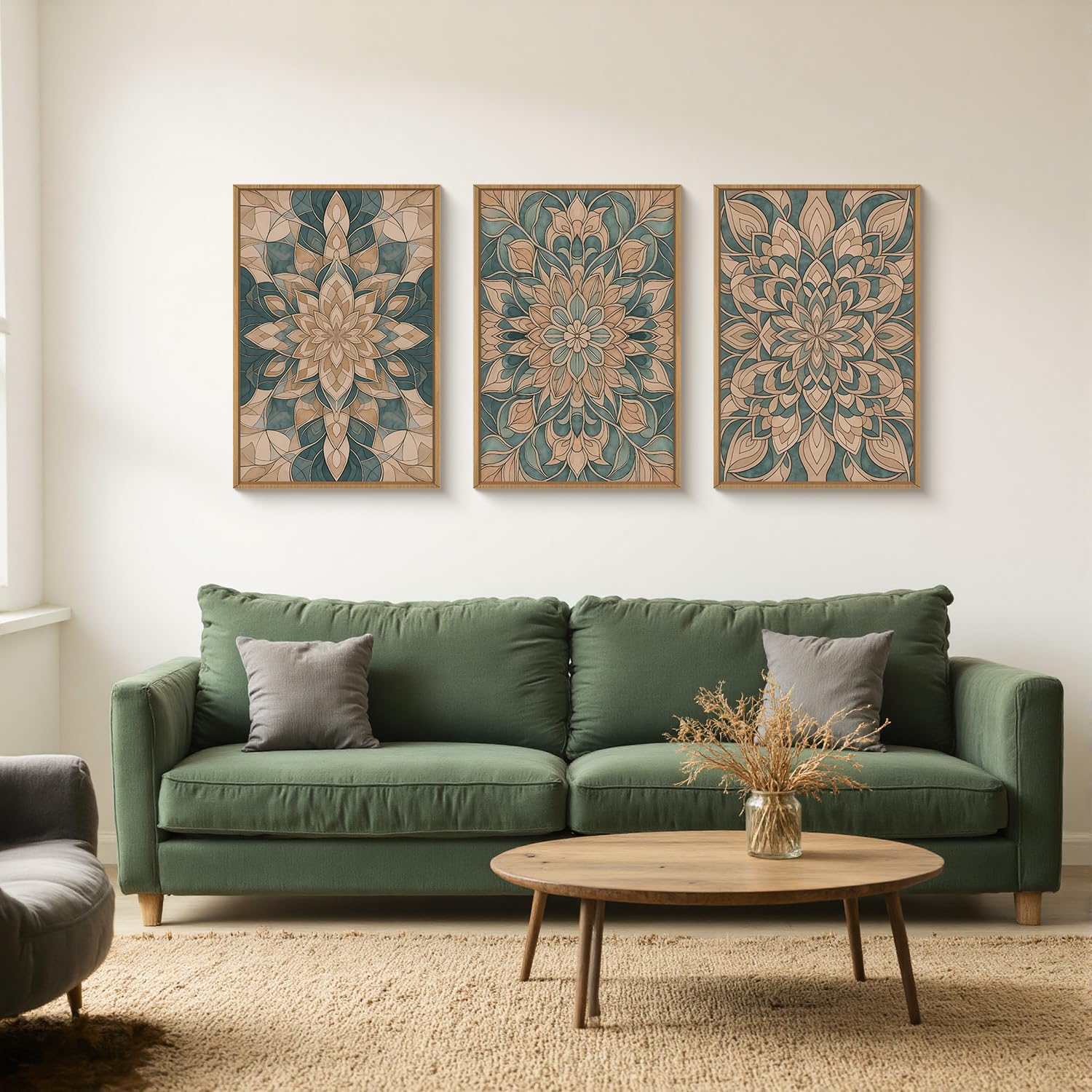 HLNIUC Mandala Flower Wall Art Set of 3, Green Scandinavian Botanical Framed Wall Decor(16x24),Norwegian Folk Art Canvas, Bohemi