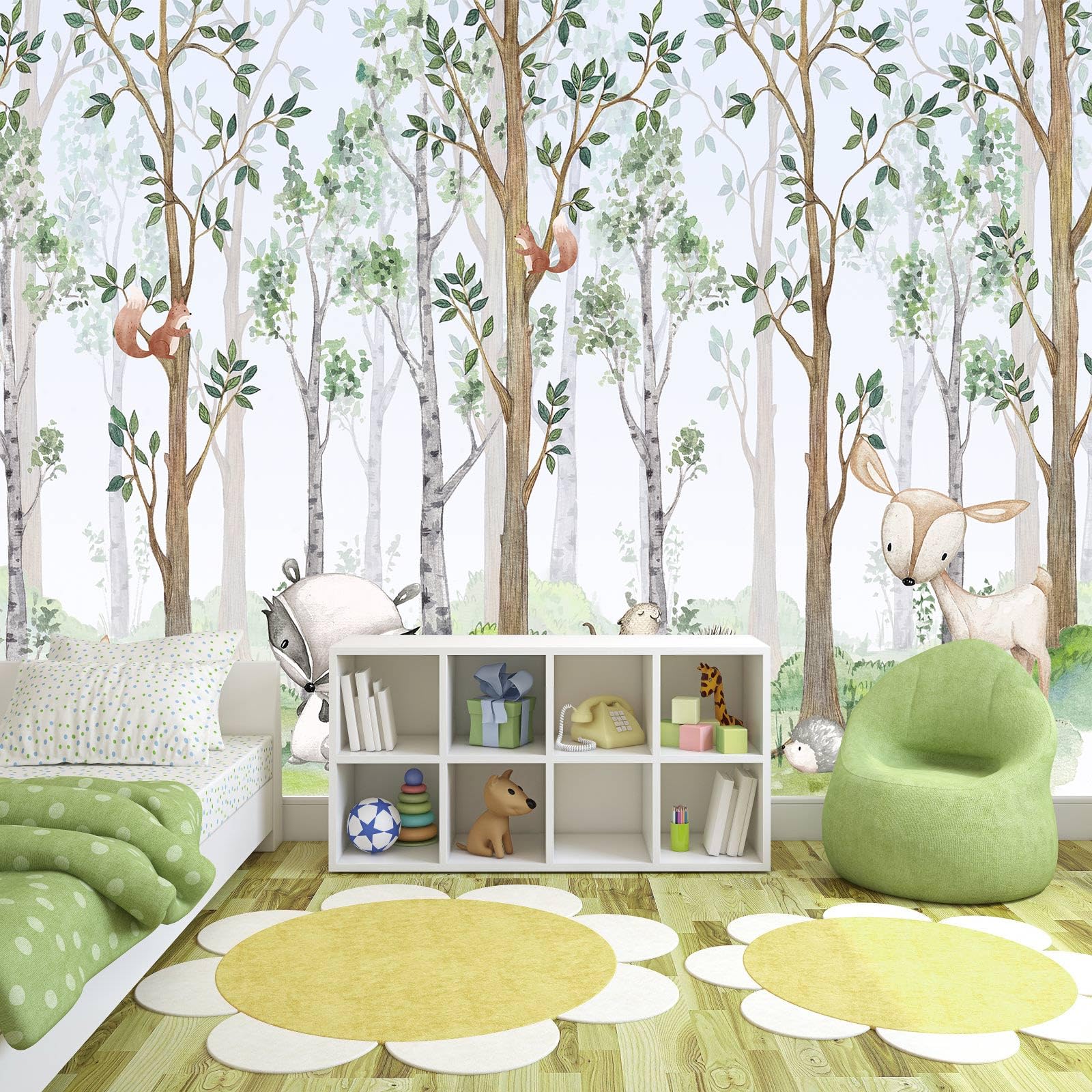 WFBHUA-Kids Wallpaper Watercolor Forest Cartoon Animals Wall Murals Suitable for Nursery Boys Girls Bedroom Room (Not Peel and S