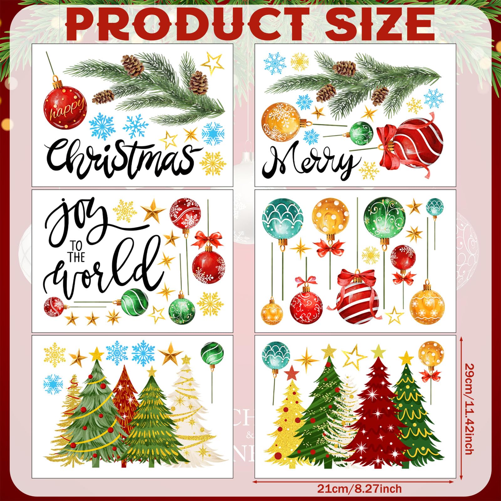 Chivertion 6 Sheets Vintage Christmas Wall Sticker, Oil Painting Xmas Tree Ball Pine Needle Decals, Winter Snowflake Stickers fo