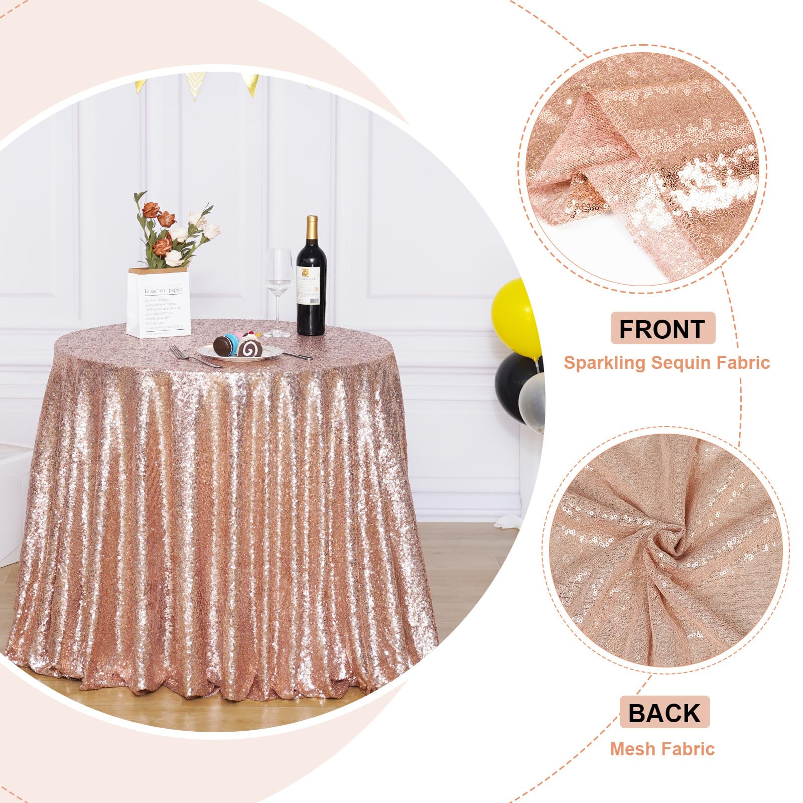 Poise3Ehome 72-Inch Round Rose Gold Sequin Tablecloth For Party Cake Dessert Table Exhibition Events