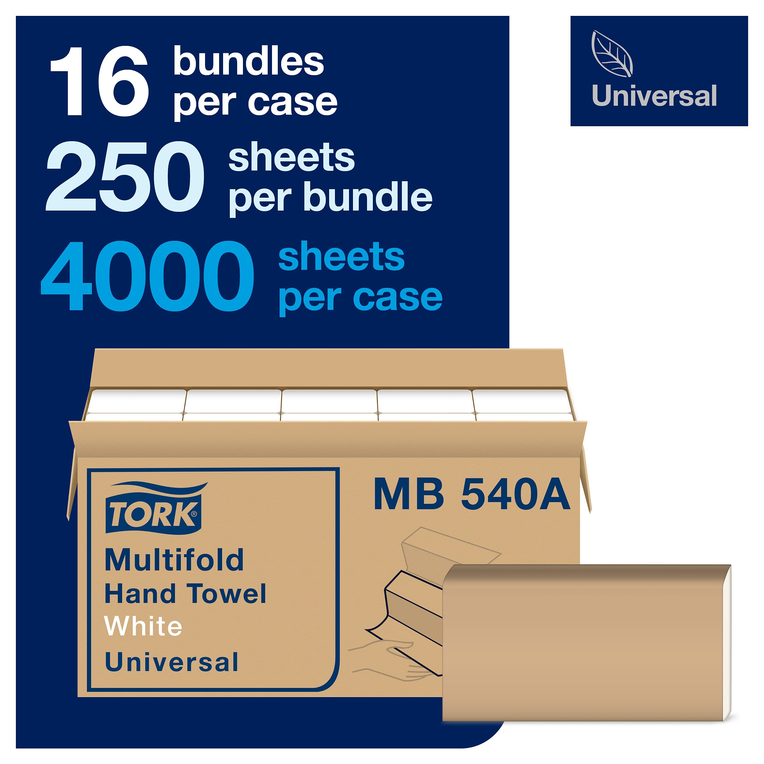 Tork Multifold Hand Towel White H2, Universal, 100% Recycled Fibers, 16 X 250 Towels, Mb540A