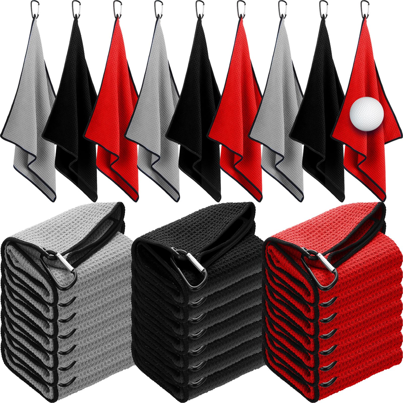 Batiyeer Bulk Golf Towel for Golf Bags 16 x 24 Microfiber Fabric Golf Towel with Clip Waffle Pattern Golf Towel for Golf Bags  Fitness  Camping  Hiking  Yoga(Black  Gray  Red  30 Pcs)