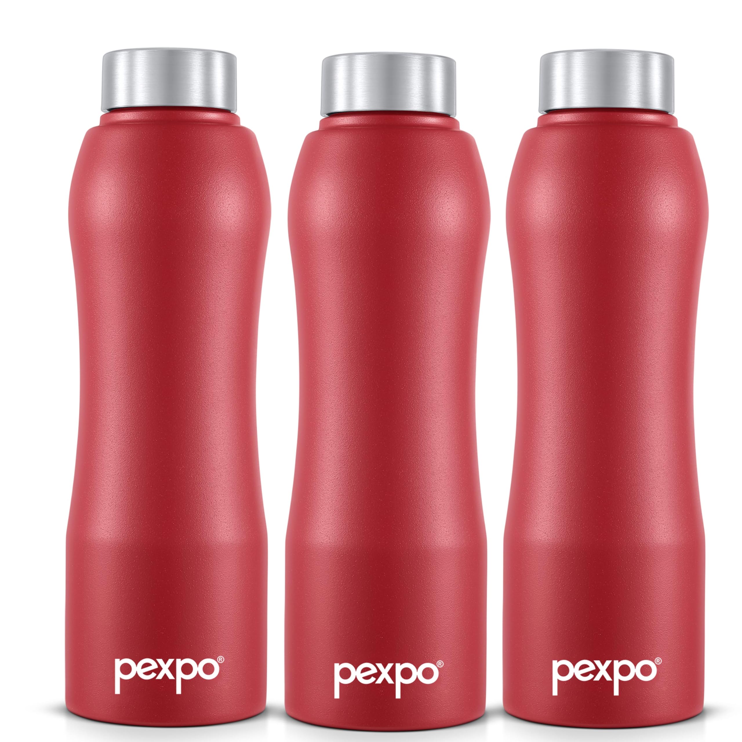 Pexpo Bistro Isi Certified Stainless Steel Fridge/Sports Water Bottle 1 Litre, Crimson Red, Pack Of 3| Single Walled|Easy Grip|L