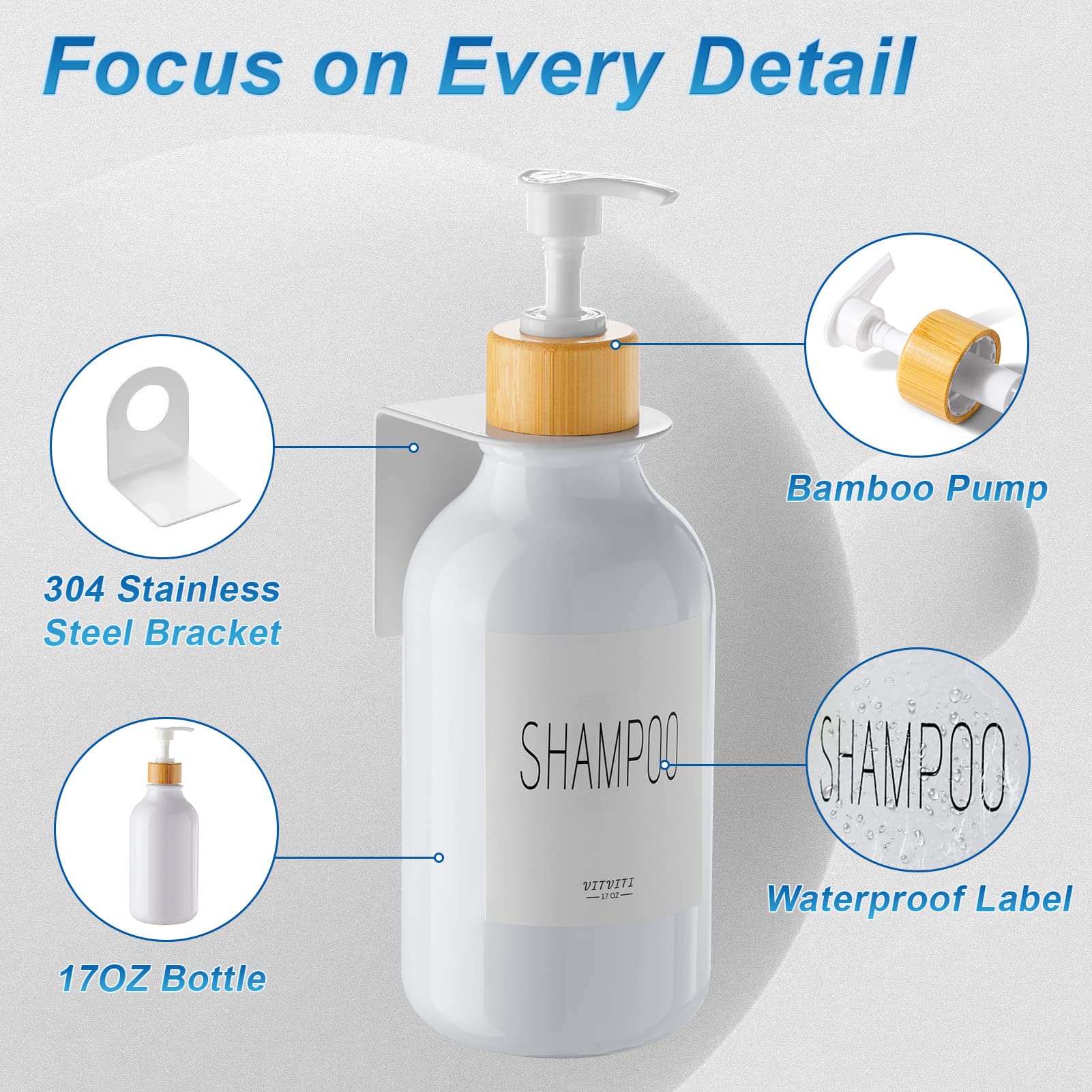 VITVITI 3-Chamber Shower Dispenser Set, Wall Mounted, 17oz PET Plastic, White