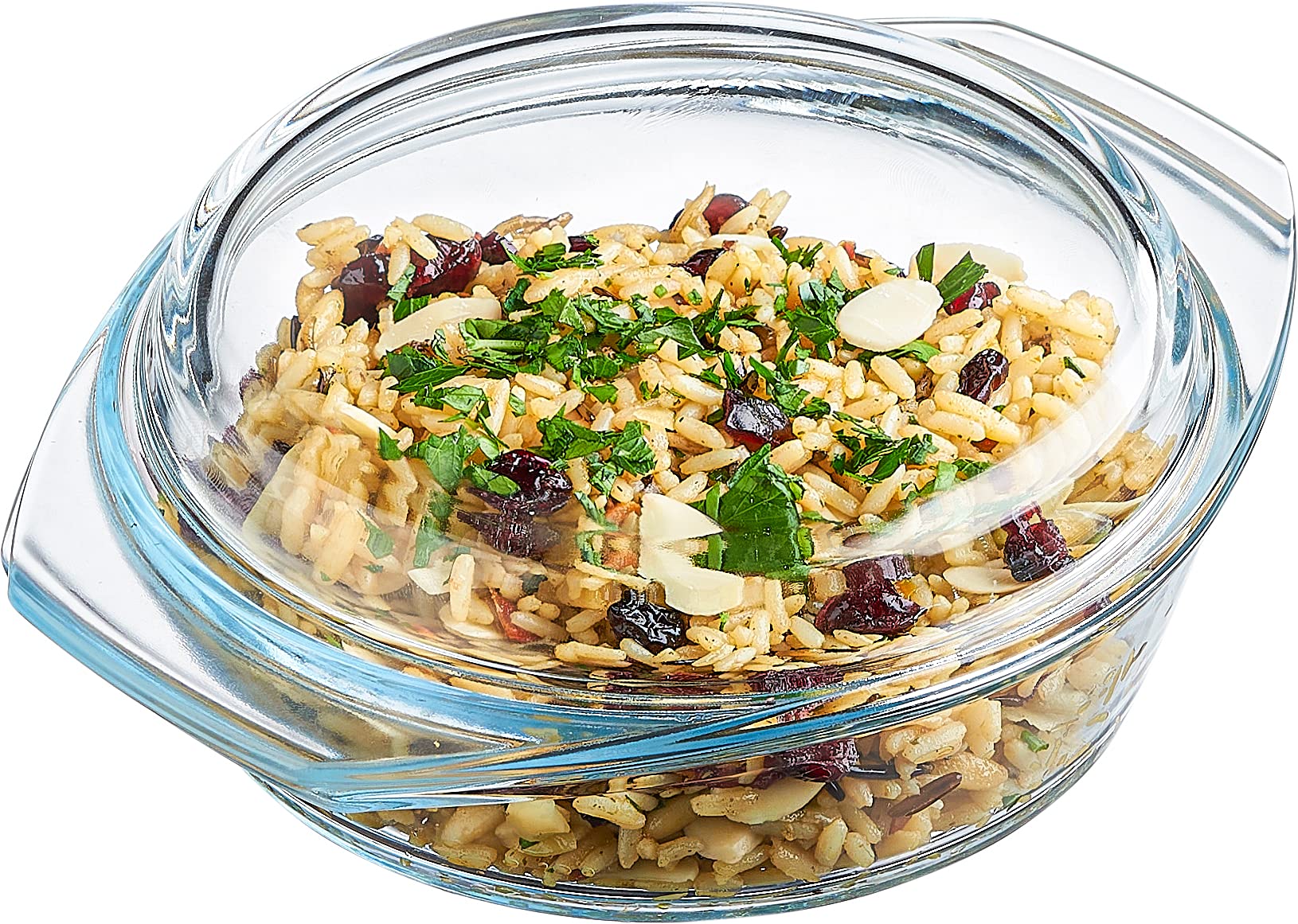 Glass Casserole Dish, Clear Glass Round Casserole Dish with Lid and Handles, 1 Quart Covered Bowl for Cooking, Baking, Serving, 