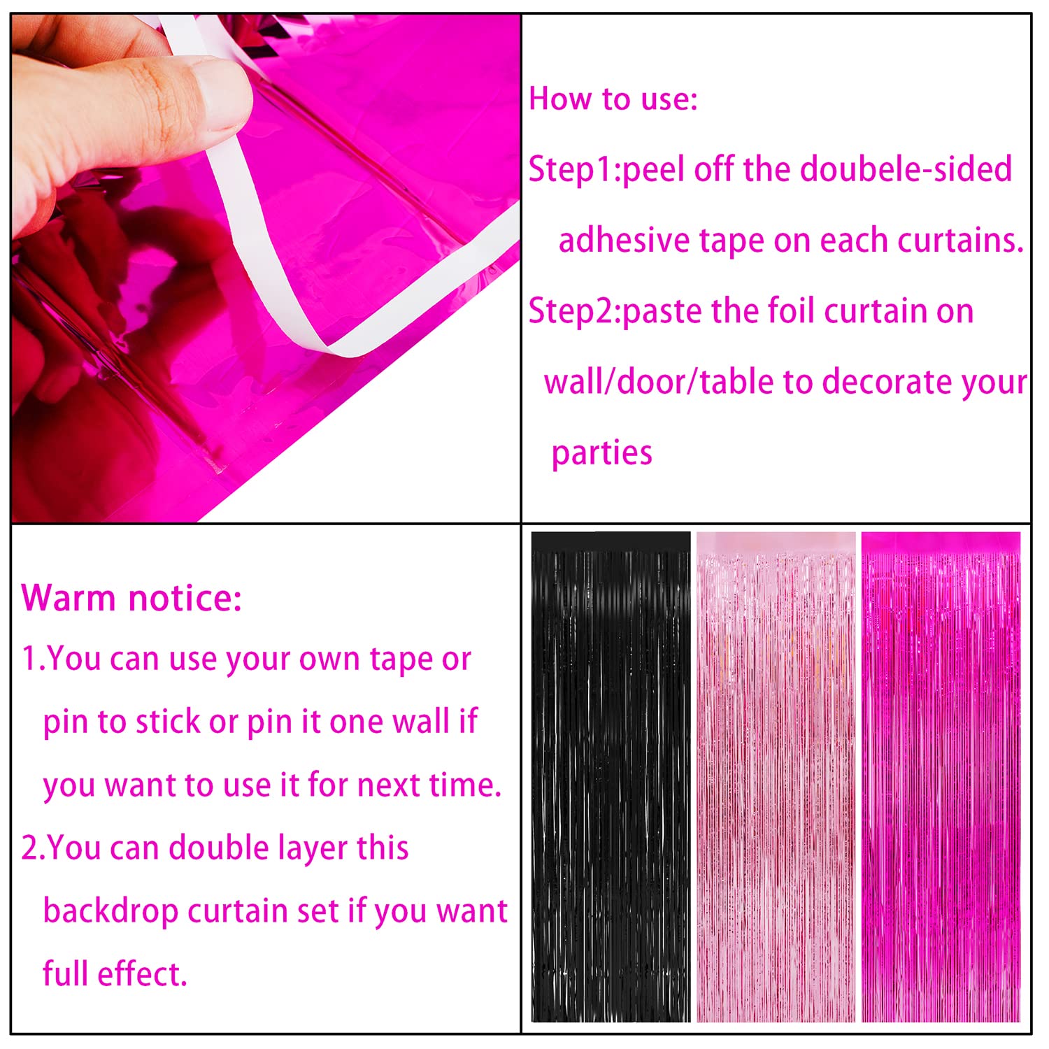 Wiqedoha 3 Pack Foil Curtains-8X9.84 Ft Rose Red Pink And Black Fringe Metallic Backdrop Curtain For Mouse Themed Baby Shower Bi