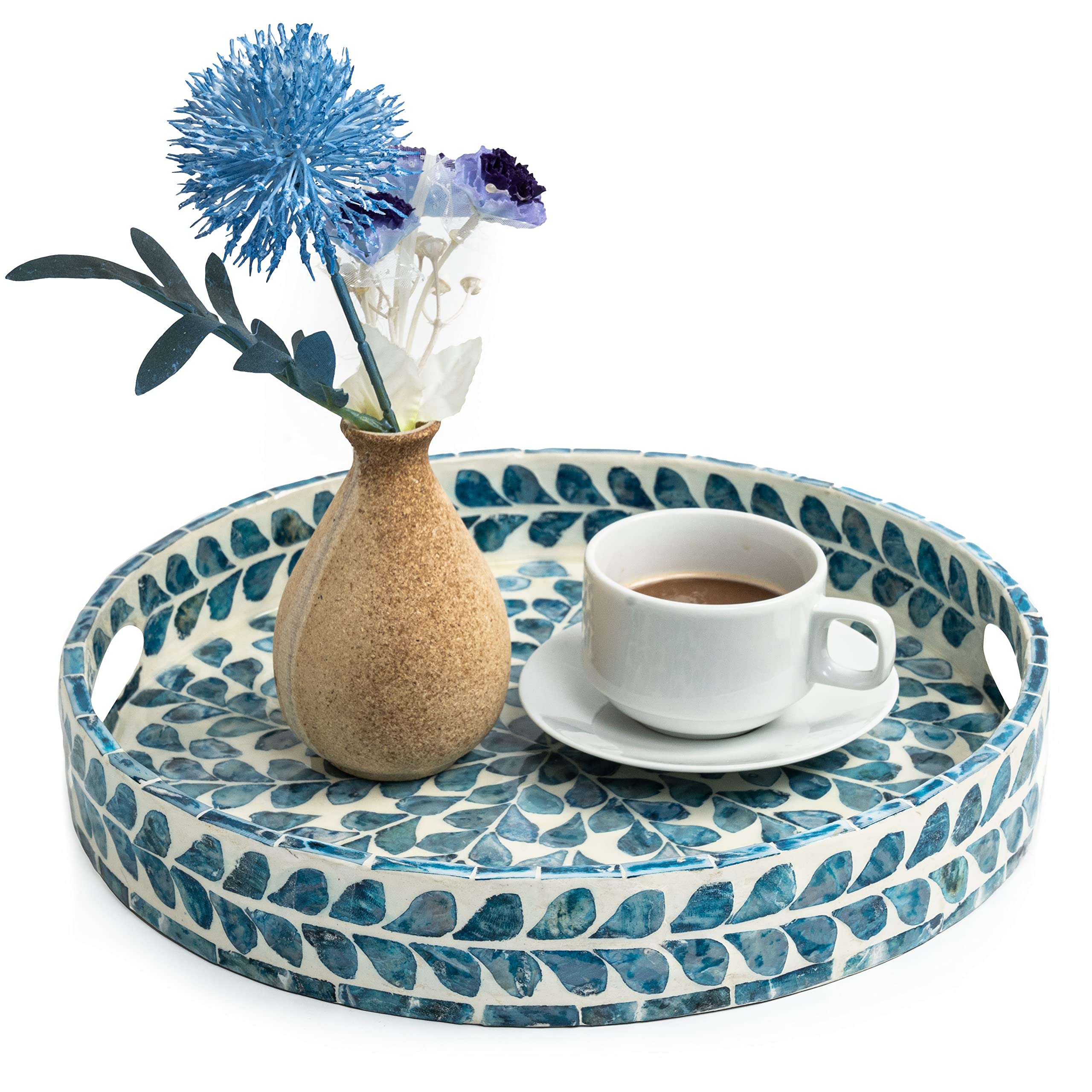 CLAYNIX Serving Tray 12.5 Inch, Lacquer Mother of Pearl Inlay Mosaic Tray, Round Wooden Marble Tray with Handles Trays for Tea, 