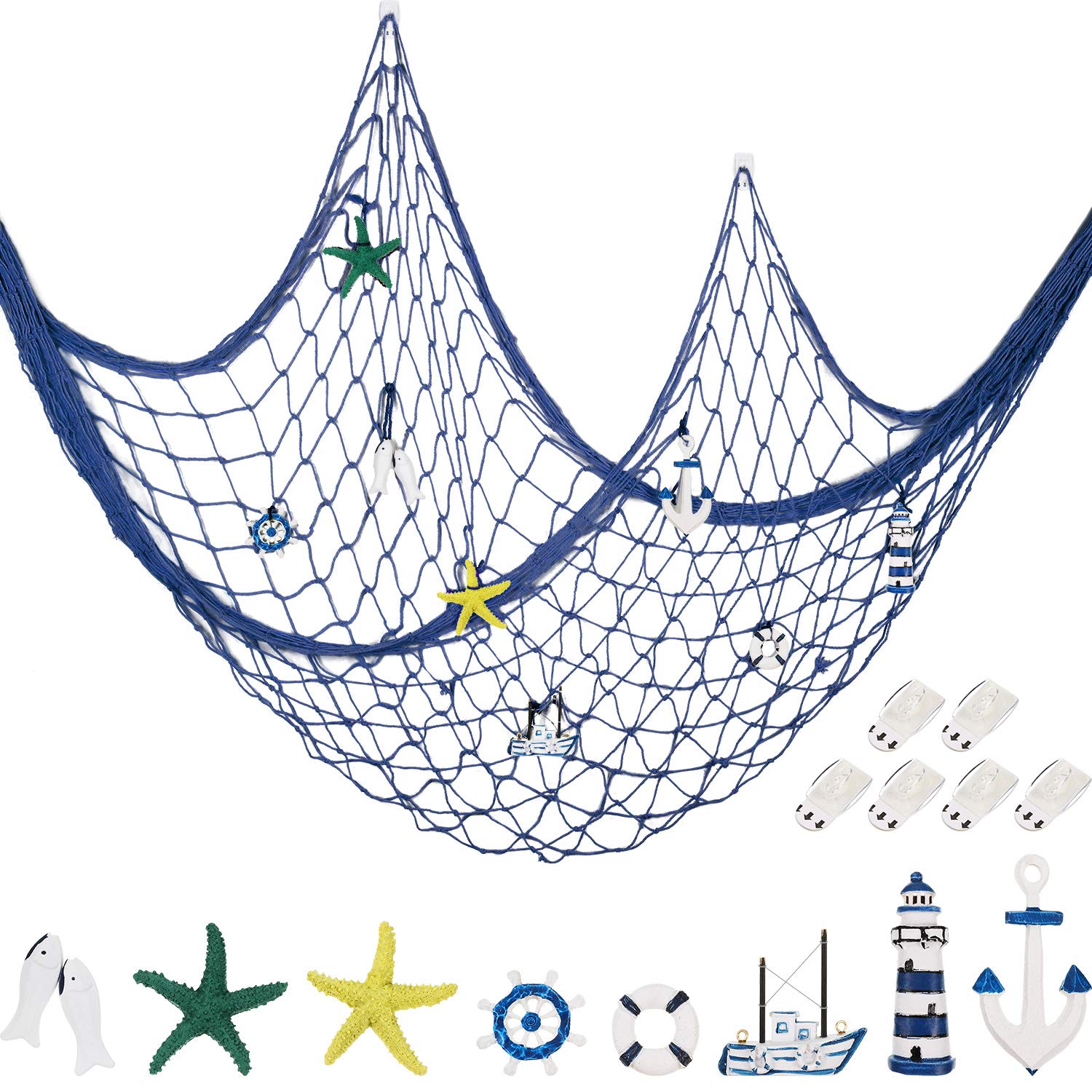 Jetec 79 x 40 Inch Fish Net Decorations for Party, Natural Hawaiian Party Fishing Net Decor, 8 Pieces Starfish, Sailboat, Lighth