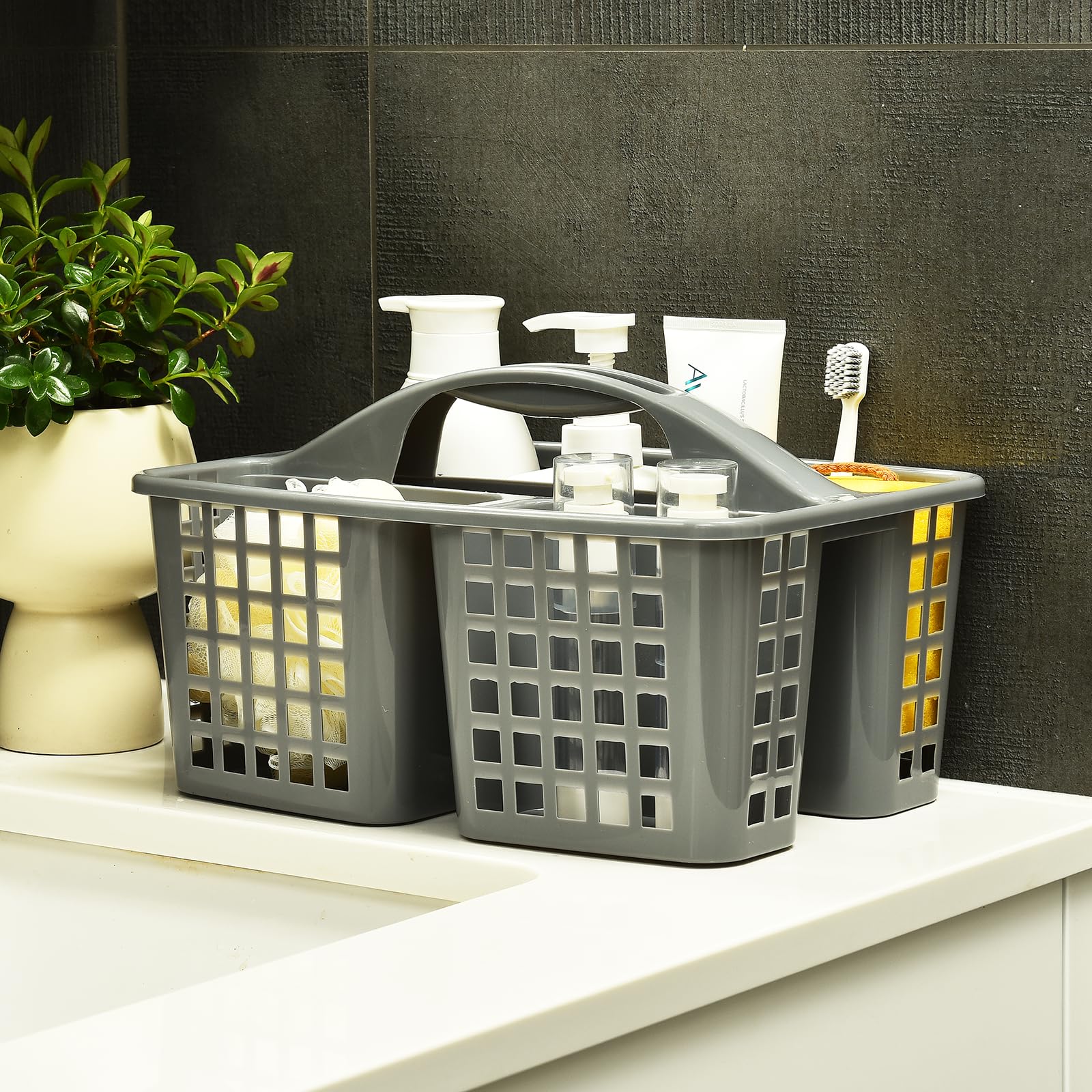 ALINK Plastic Shower Caddy Basket with Compartments - Gray