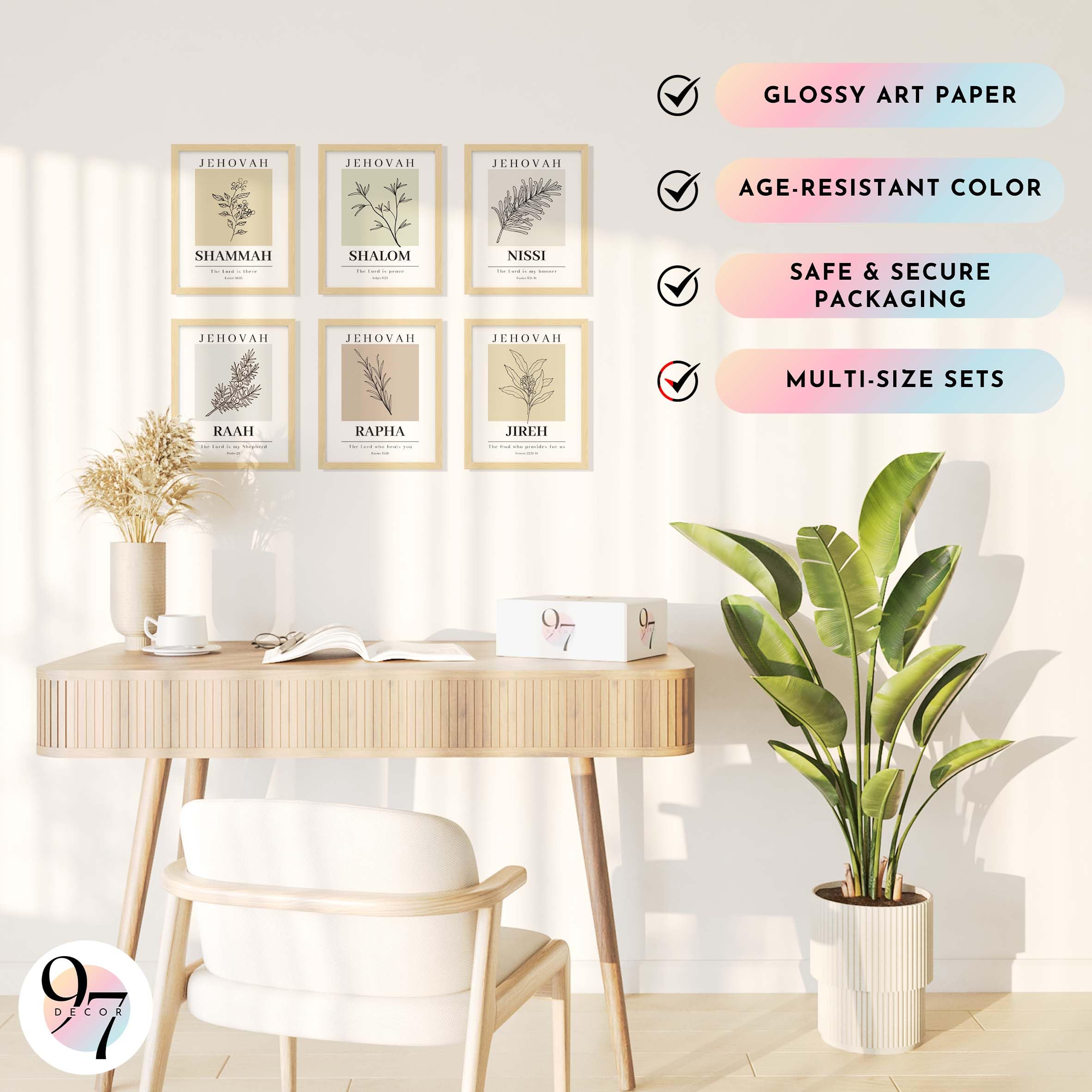 97 Decor Hebrew Names of God Poster - 8x10 Christian Wall Art, Cardstock Scripture Art Prints, Minimalist Bible Verse Decor