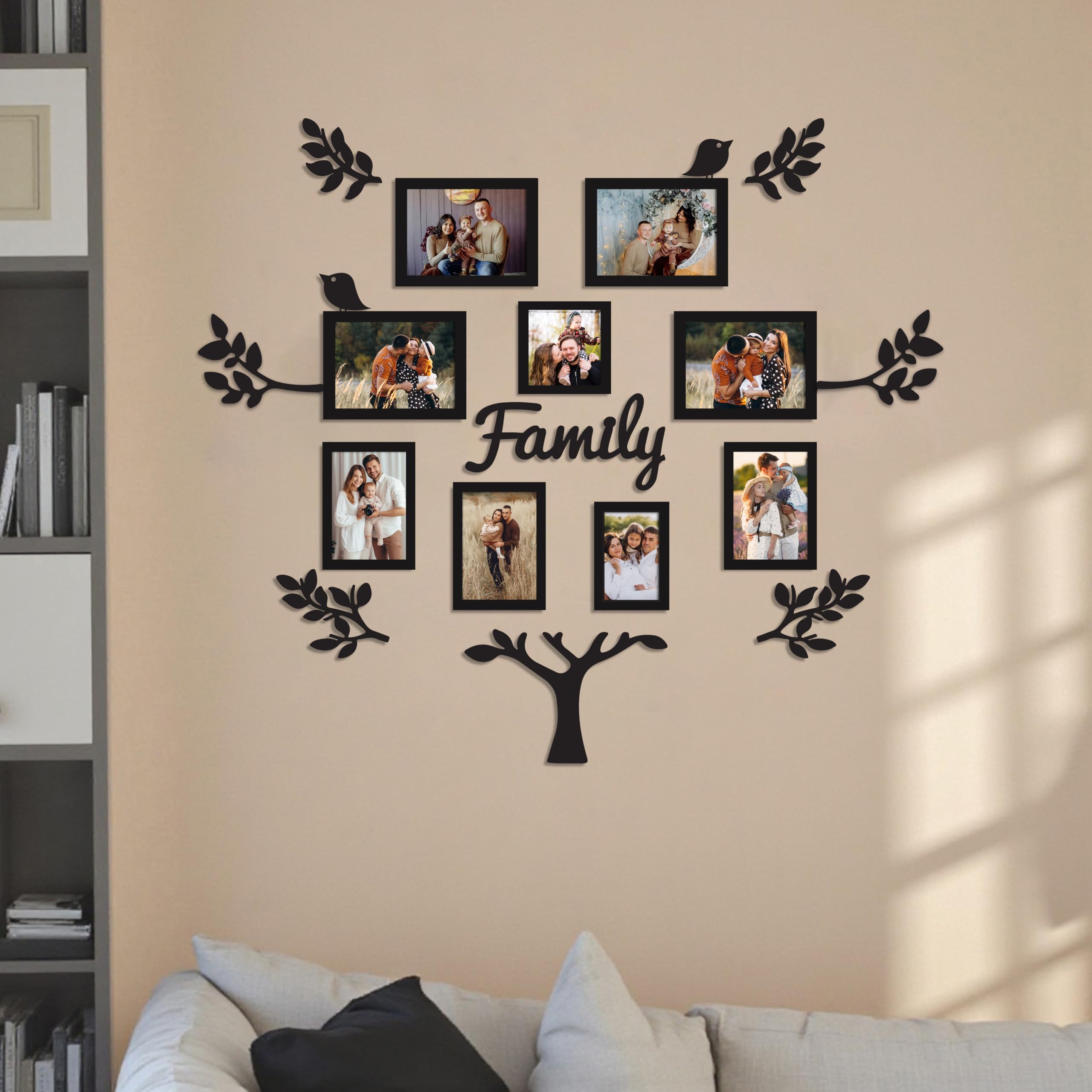 Art Street Family Tree Wall Photo Frame Set Pack Of 9 With 10 Mdf Cutouts For Home Decoration | Wall Hanging Photo Frame Collage
