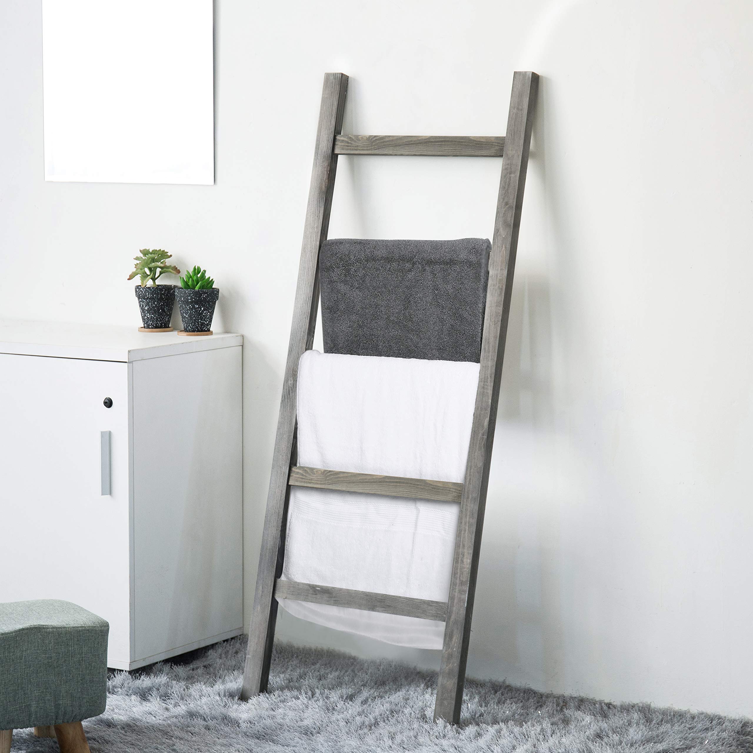 Mygift 54 Inch Tall Fully Assembled Wood Blanket Ladder, 5-Tier Wall Leaning Towel Rack, No Assembly, Gray
