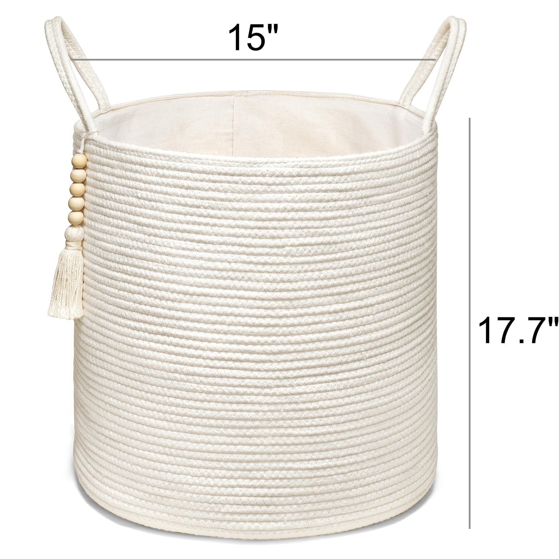 Mkono Tall Laundry Basket Woven Decorative Rope Storage Basket Wooden Bead Decoration For Blankets Toys Clothes Shoes Organizer