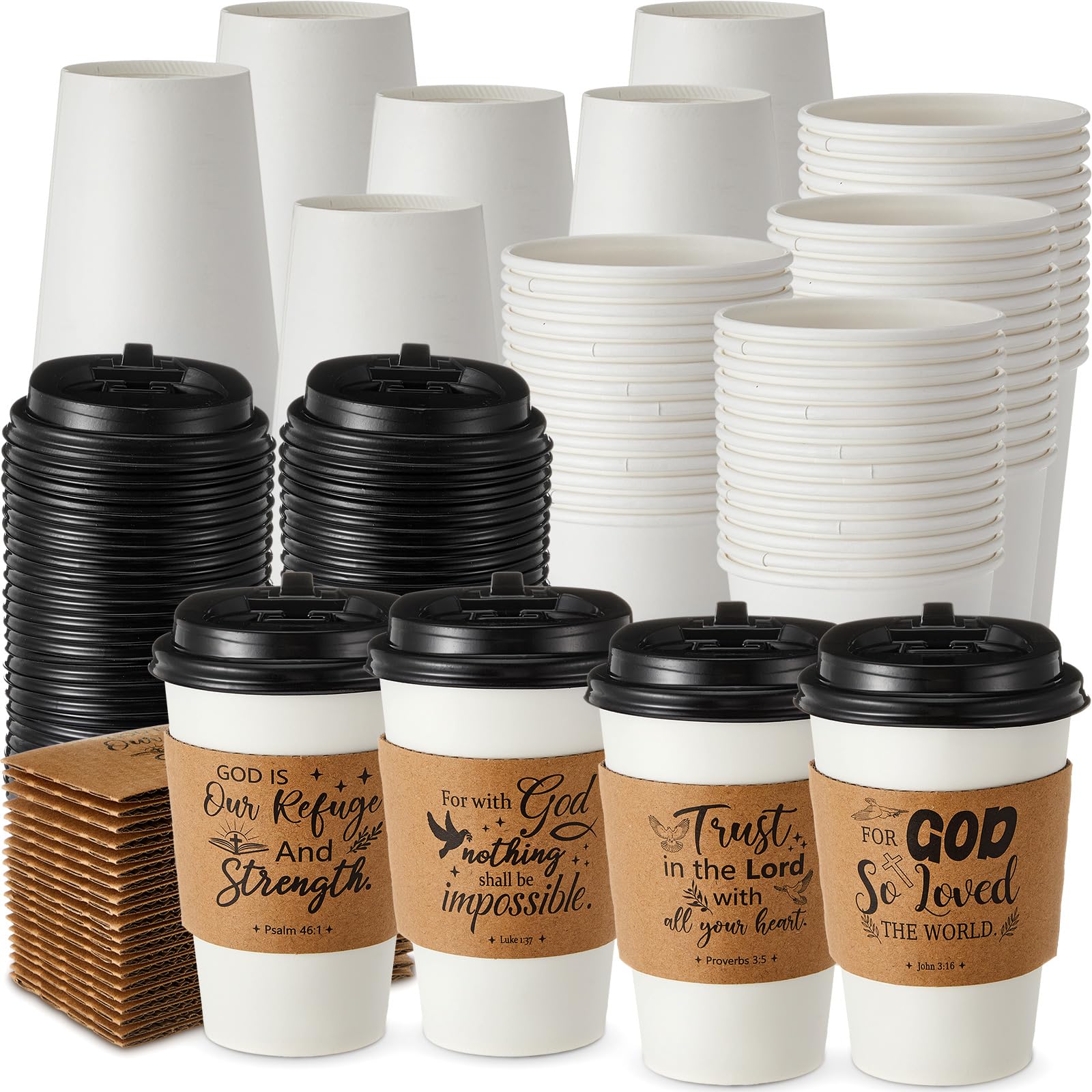 Jingmore 100 Set 12oz Christian Coffee Cups with Lids and Sleeves Disposable Bible Verse Paper Hot Cups for Religious Party Favo