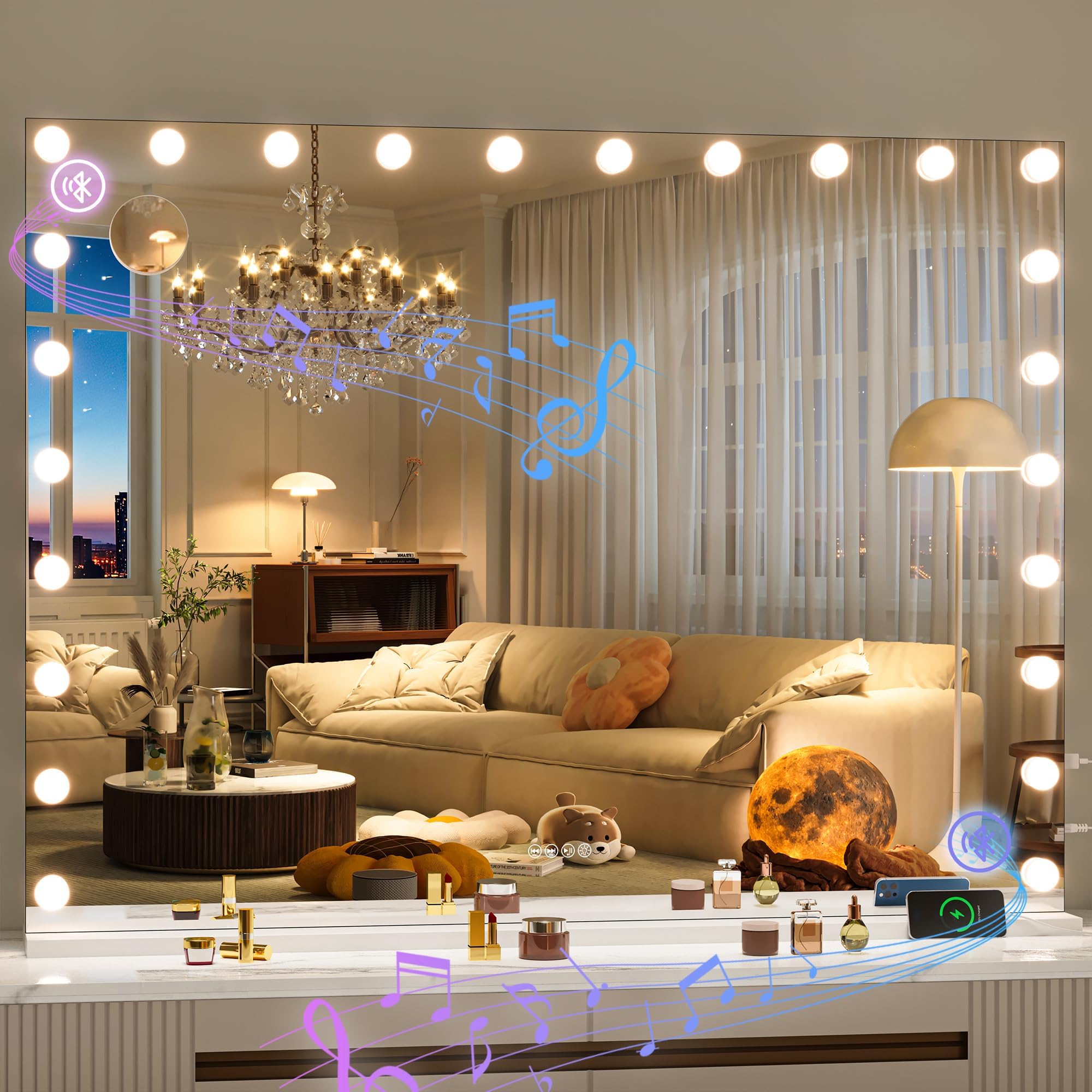 Hasipu Hollywood Vanity Mirror With Lights And Bluetooth Speaker, 47'' X 35'' Makeup Mirror With 24 Dimmable Led Bulbs 3 Color M