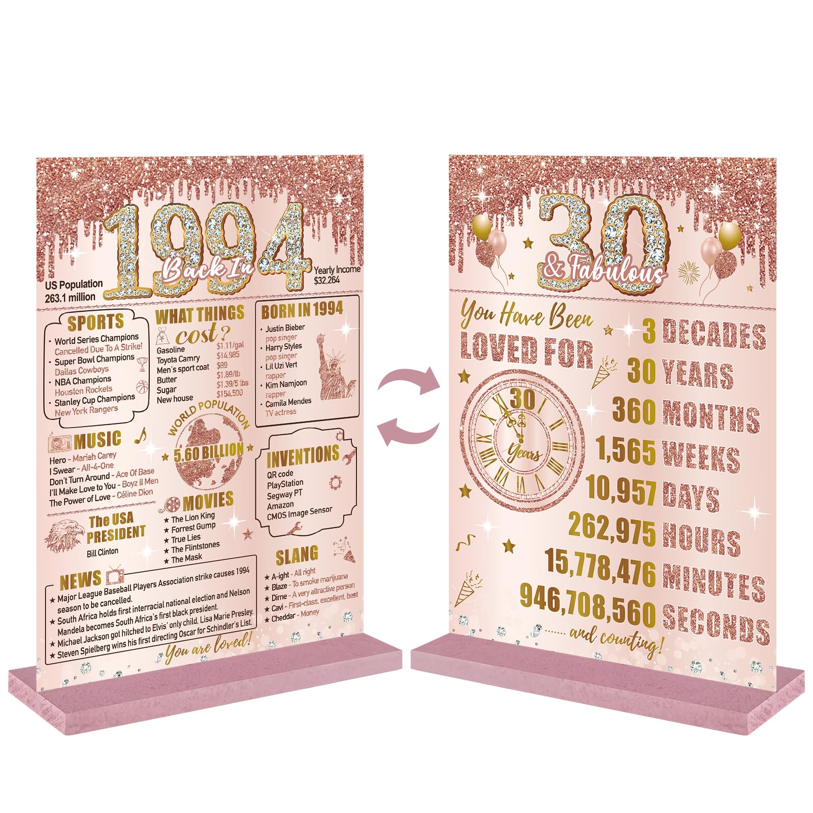 Bumqviy Happy 30Th Birthday Decorations Back In 1994 Table Sign For Women, Pink Rose Gold 30 & Fabulous Birthday Two-Sided Woode