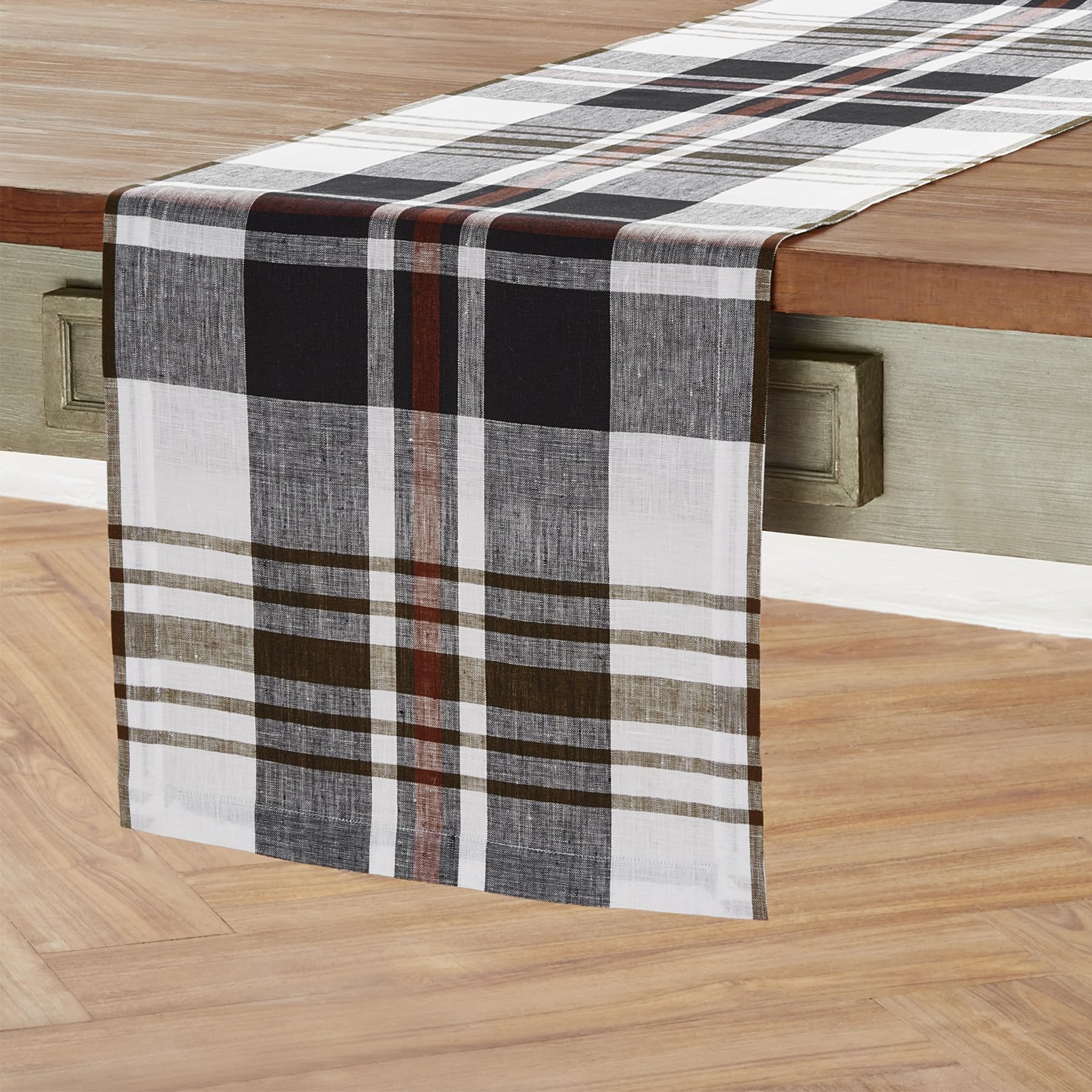 Solino Home Linen Table Runner 48 Inch - 100% Pure Linen Black Oxford Plaid Table Runner 14 X 48 Inch - Handcrafted And Machine