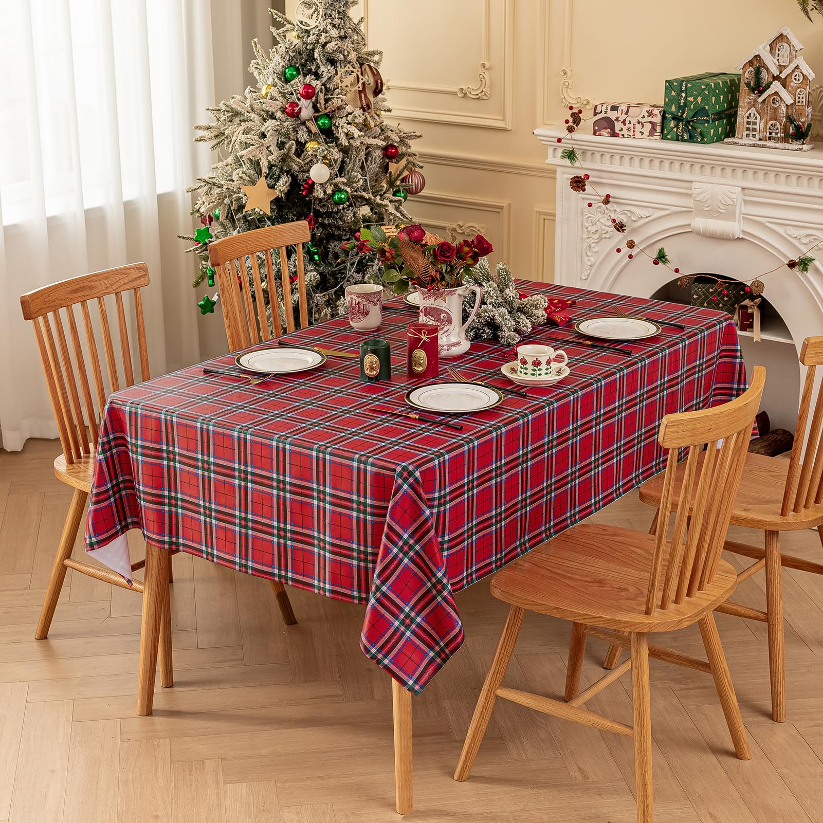 Romanstile Christmas Rectangle Vinyl Tablecloth, 100% Waterproof Oil-Proof Checkered Pvc Table Cloth, Heavy Duty Xmas Plastic Ta