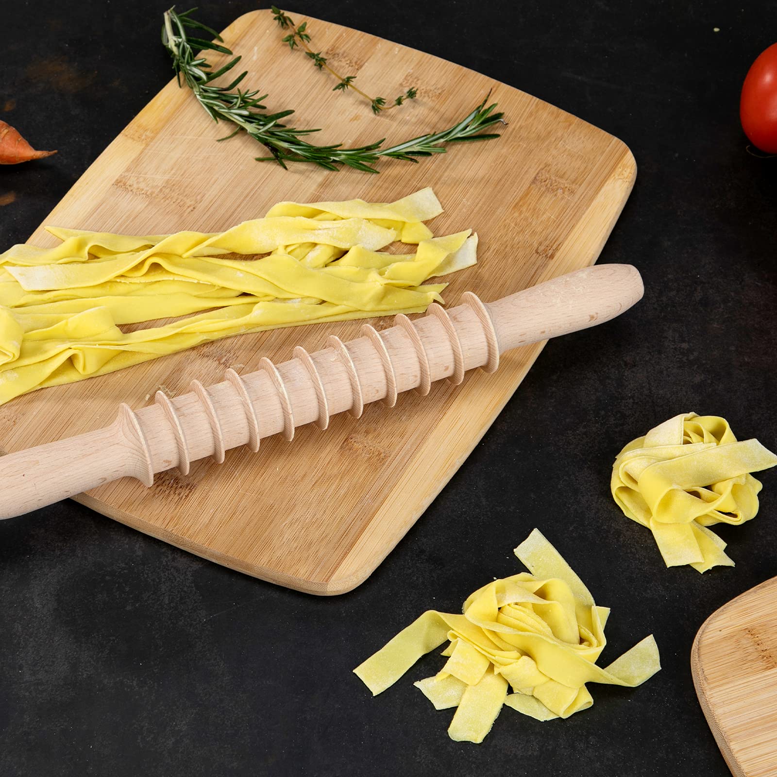G Beech Wood 14Mm Pappardelle Pasta Cutter Noodle Lattice Roller Docker Dough Cutter Wooden Rolling Pin Spaghetti Pasta Maker Be