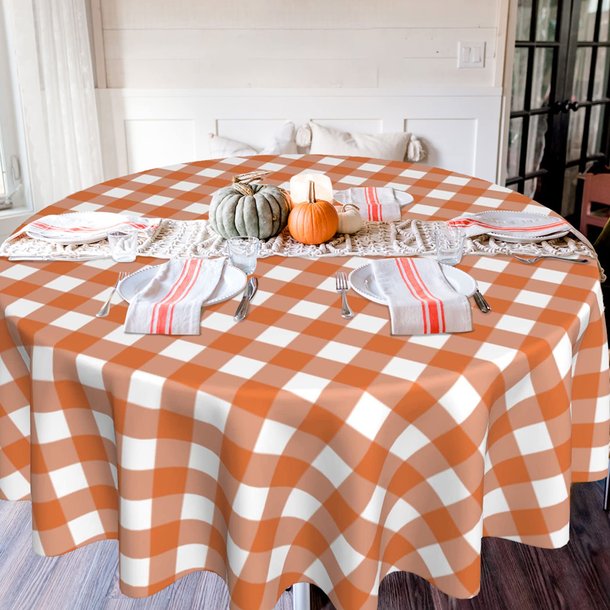 Suqkxco Thanksgiving Fall Orange White Autumn Buffalo Plaids Round Tablecloth 60 Inch Table Cloths Cover Mat Spill Proof Table C