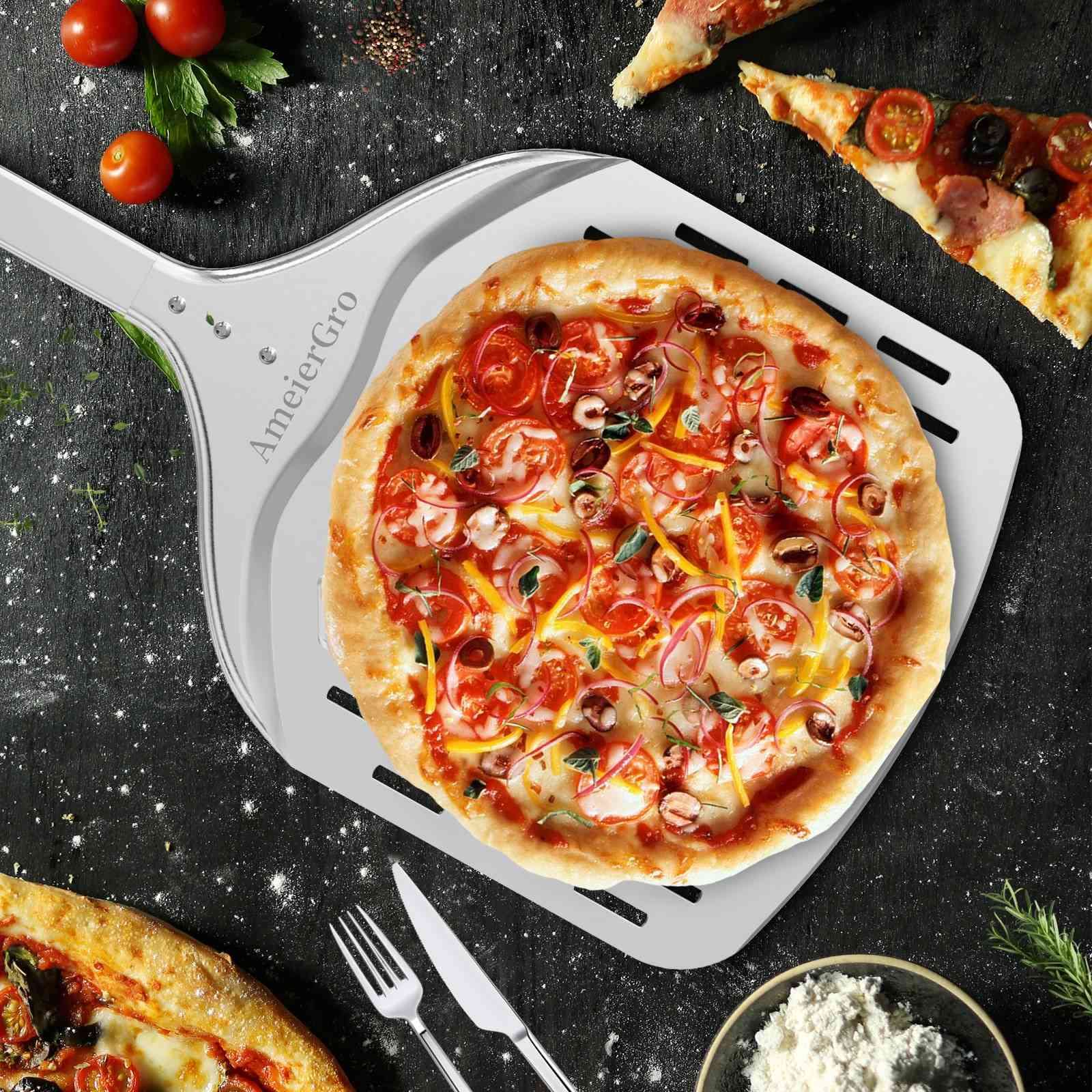 Ameiergro 12'' Perforated Pizza Peel, Long Handle(31'') Anodised Aluminum Pizza Spatula Paddle, Pizza Oven Accessories For Pizza