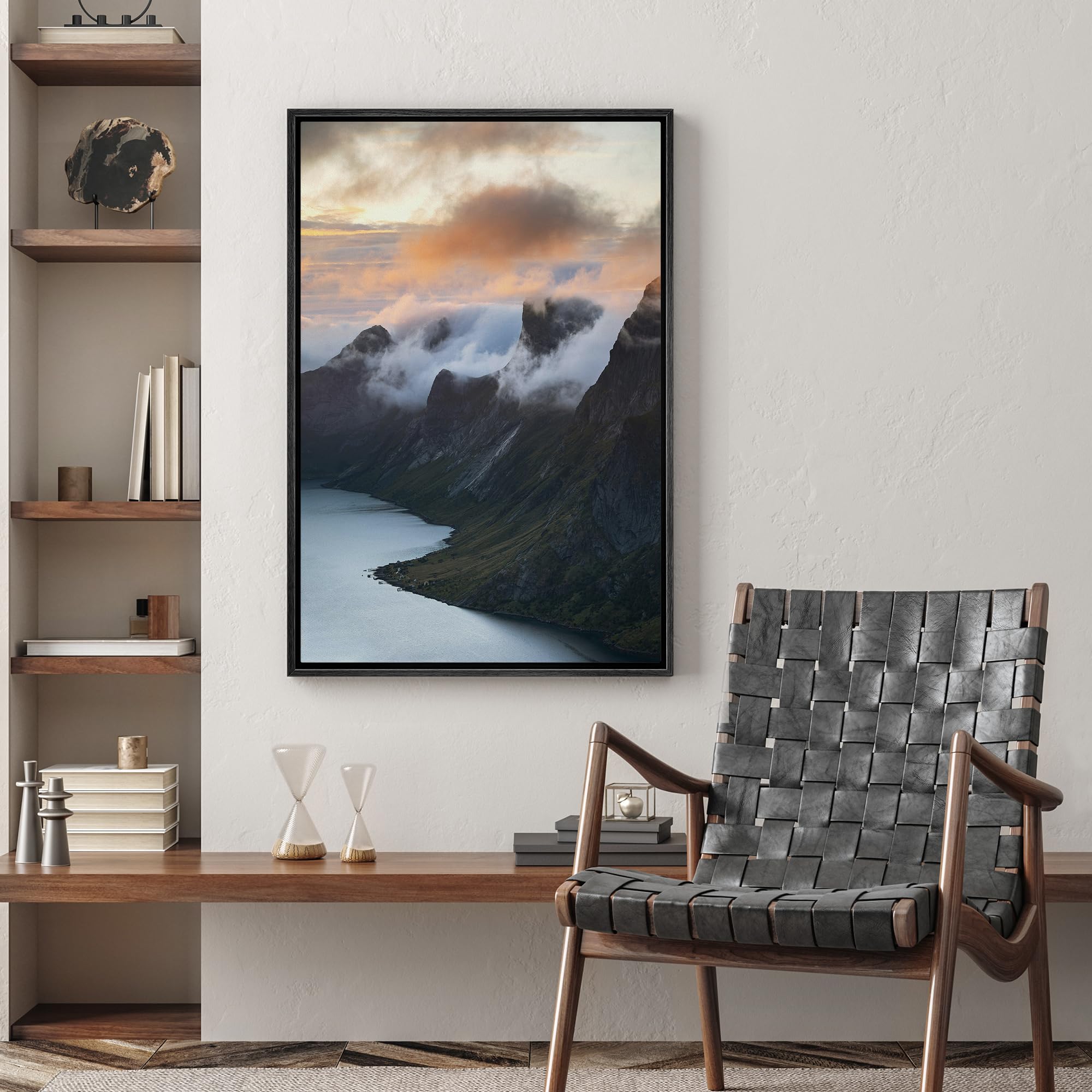 Wall26 Framed Canvas Print Wall Art Misty Mountain Sunrise Over Fjord Animals Photography Realism Rustic Scenic Landscape Wilder