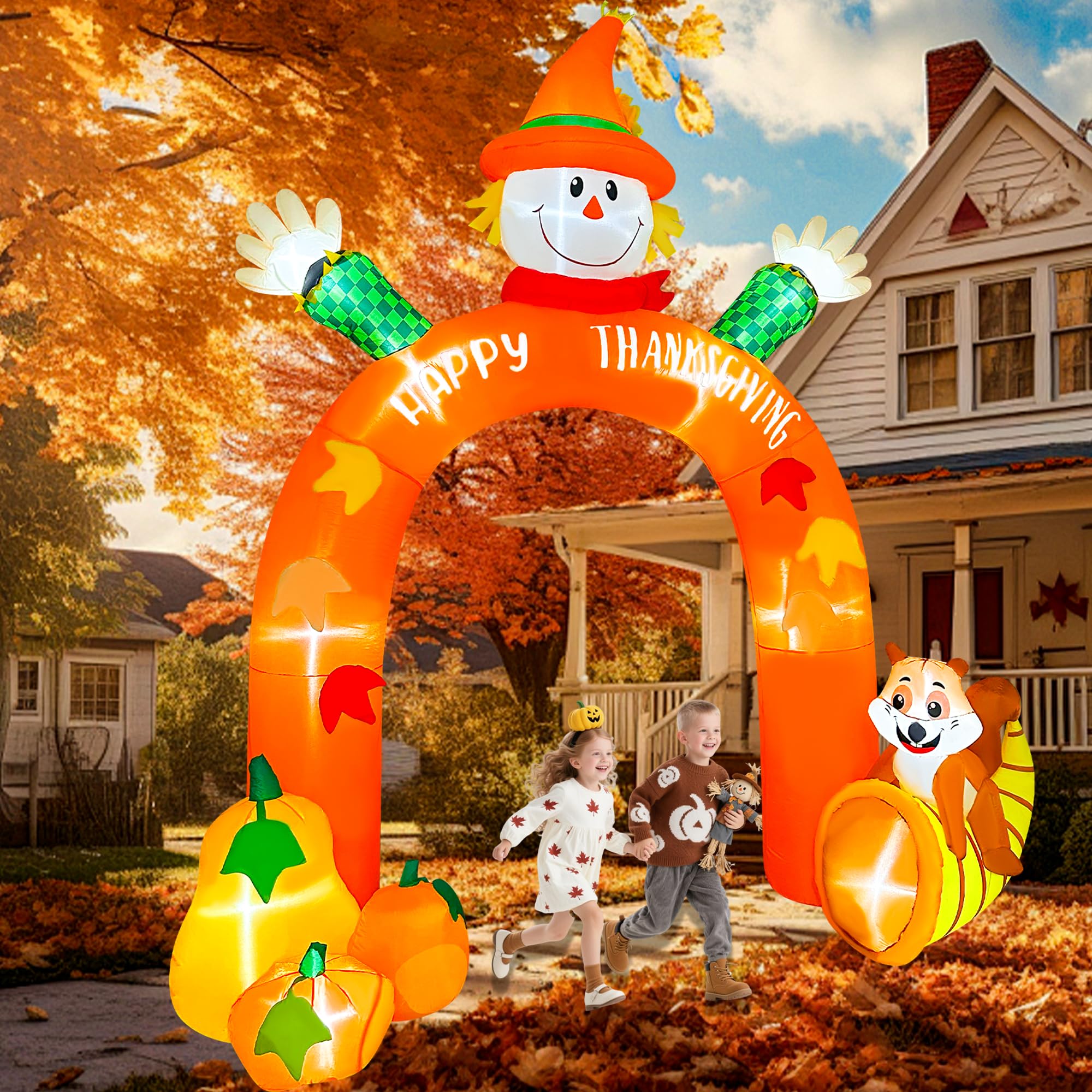 BLOWOUT FUN Thanksgiving Inflatables,10 FT Giant Inflatable Scarecrow Arch with Squirrel Pumpkins Built-in LEDs Thanksgiving Blo