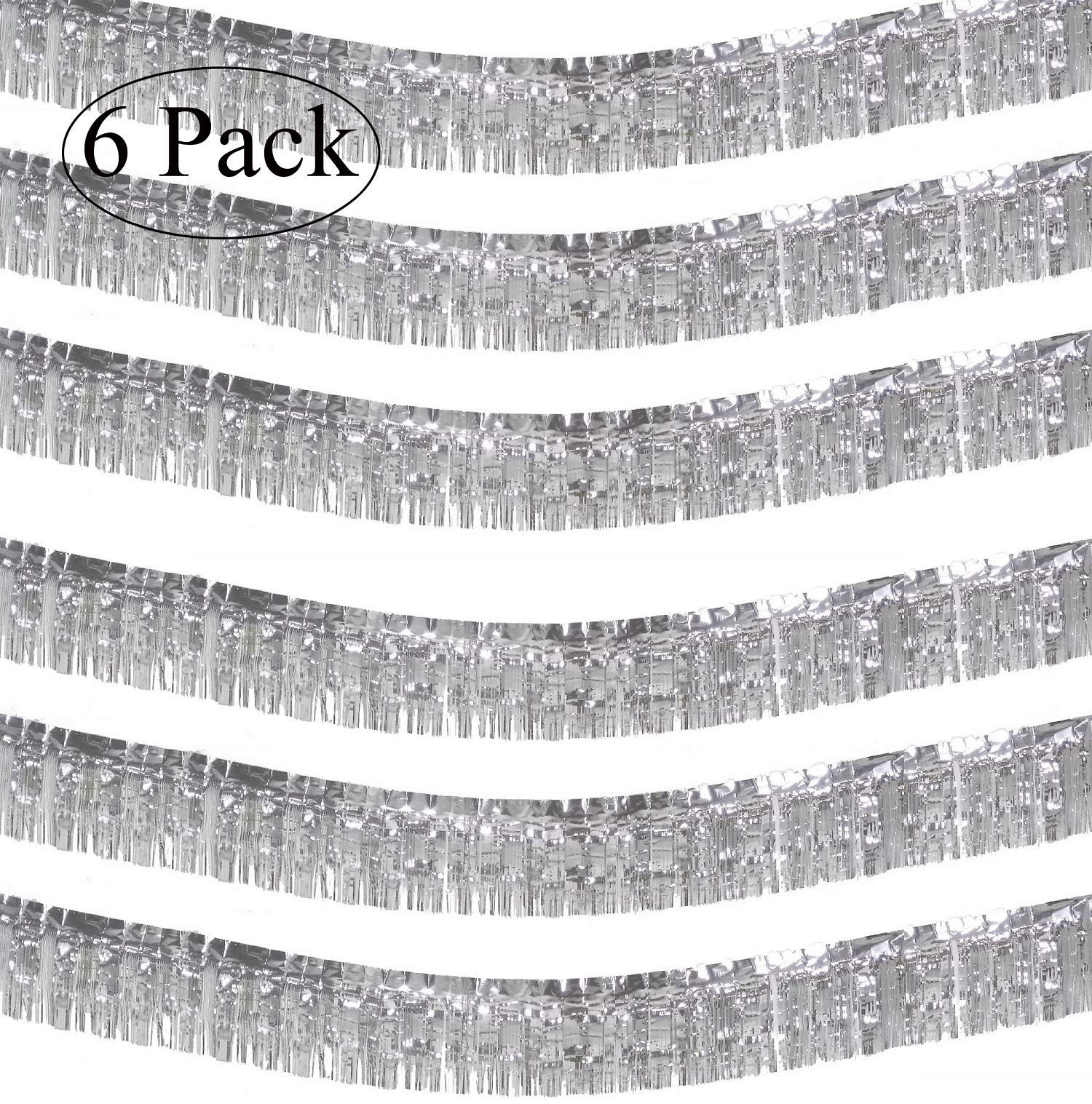Blukey 10 Feet Long Roll Silver Foil Fringe Garland - Pack Of 6 | Shiny Metallic Tassle Banner | Ideal For Parade Floats, Bridal