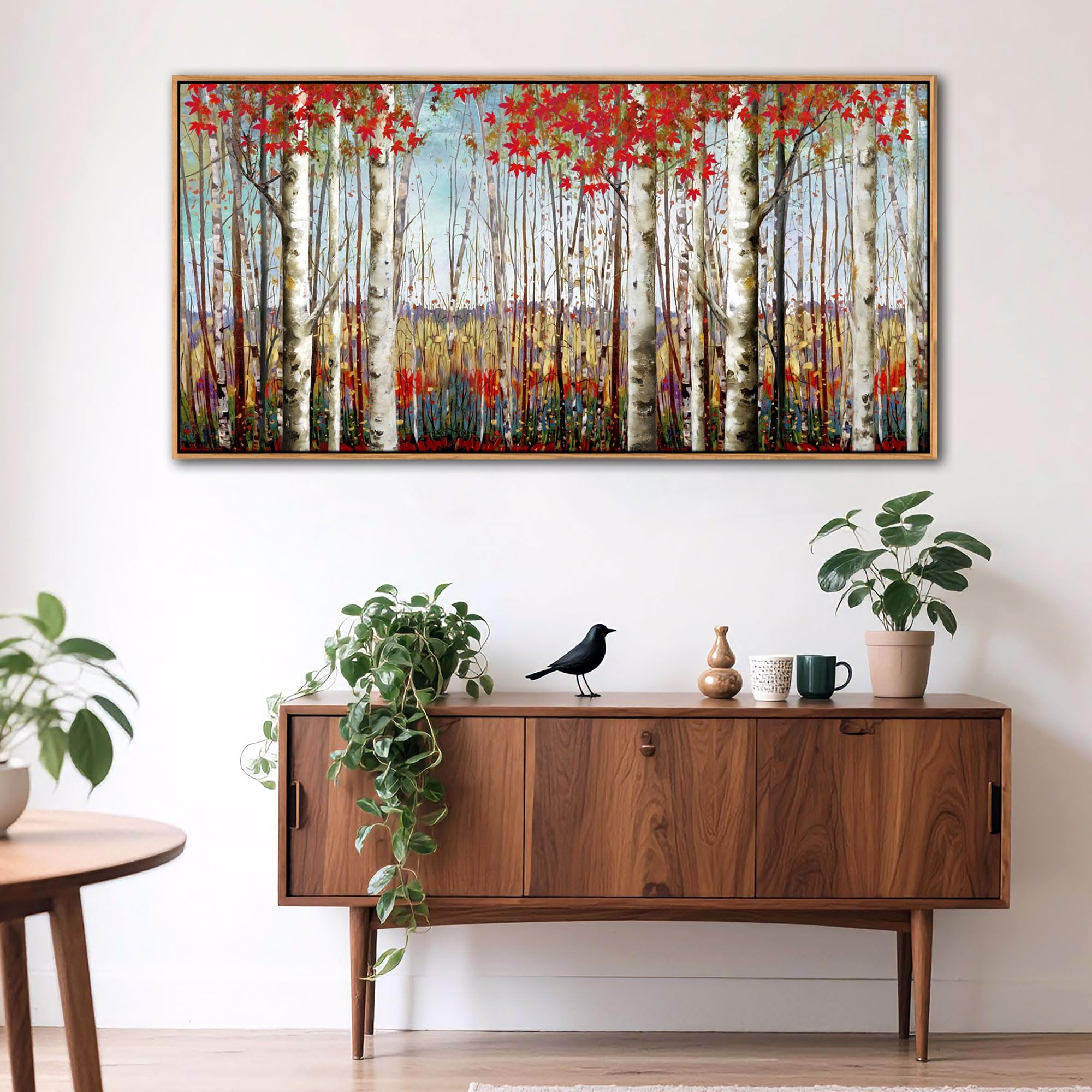 Large Framed Wall Art For Living Room Bedroom Modern Wall Decor Of Red Leaves White Birch Tree Painting Artwork Wall Decoration