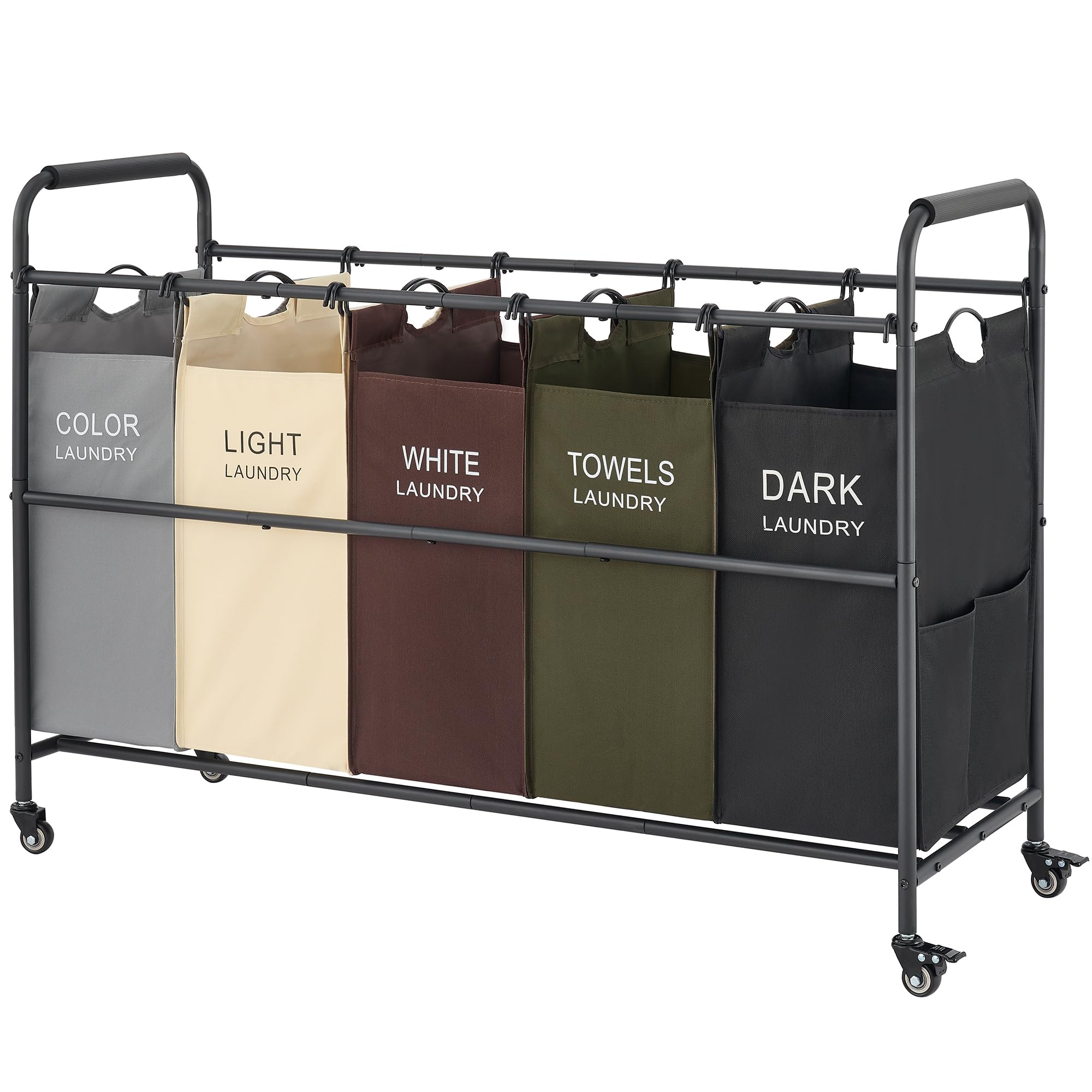 Tajsoon 5 Bag Laundry Sorter Cart, 5 Section Laundry Hamper Sorter With Heavy Duty Lockable Rolling Wheels For Dirty Clothes Sto