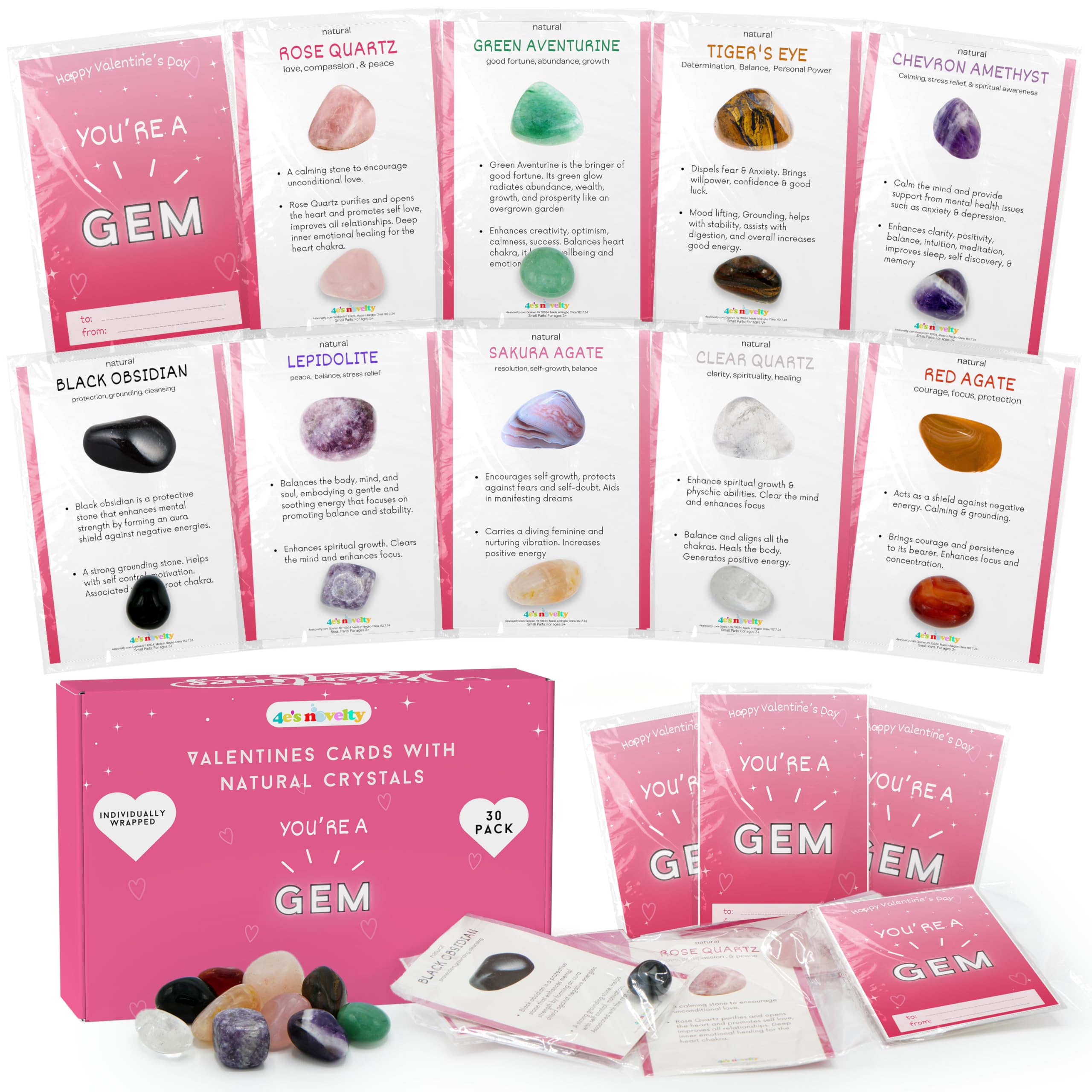 4E'S Novelty You'Re A Gem Cards With Natural Gems - 30 Pack Individually Wrapped Gemstone Valentines Cards With Crystals Rock,Va