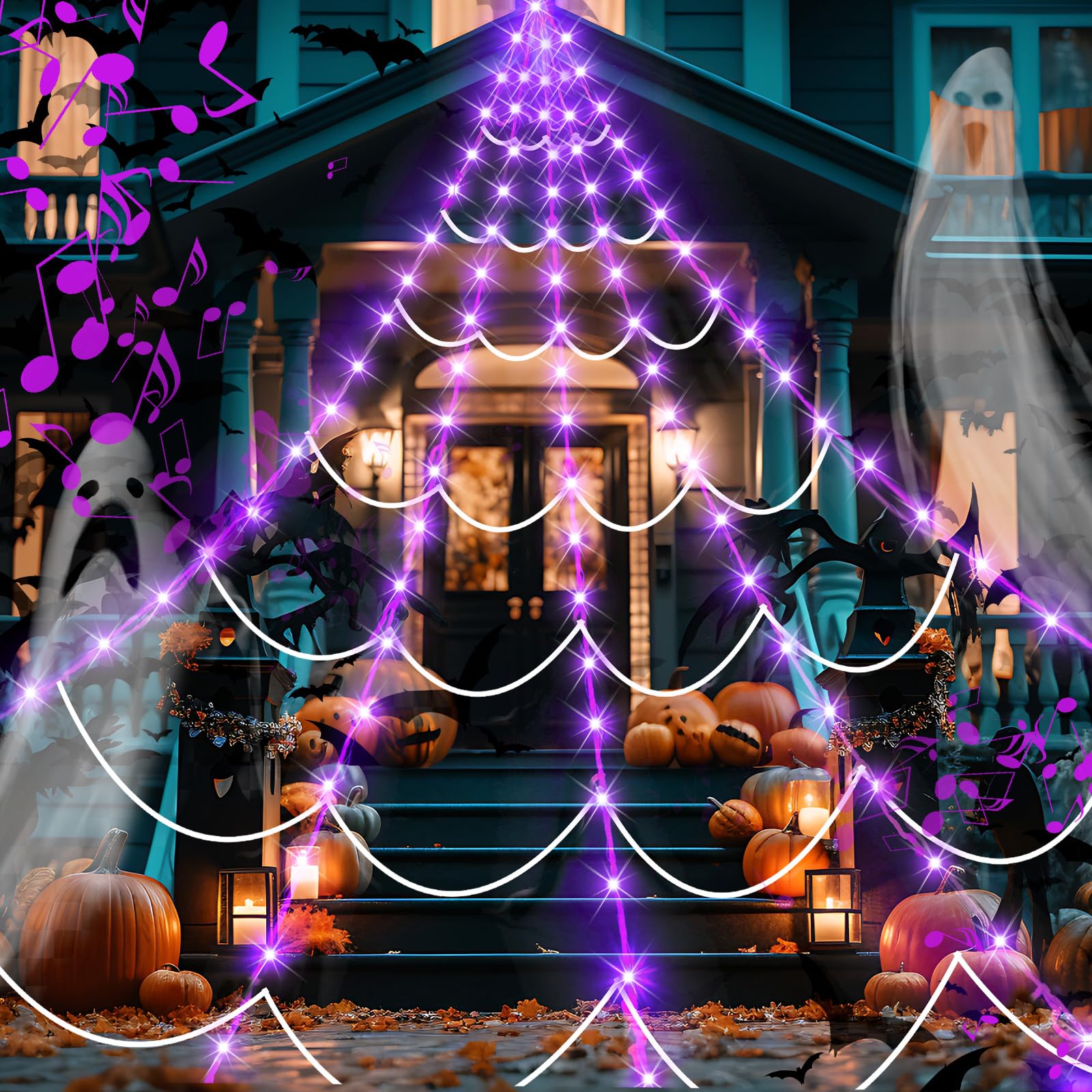 Retisee Halloween Decorations 17ft Spider Web Lights Motion Activated Sensor 120 LED Purple Light up Spider Web with 200sqft Cob