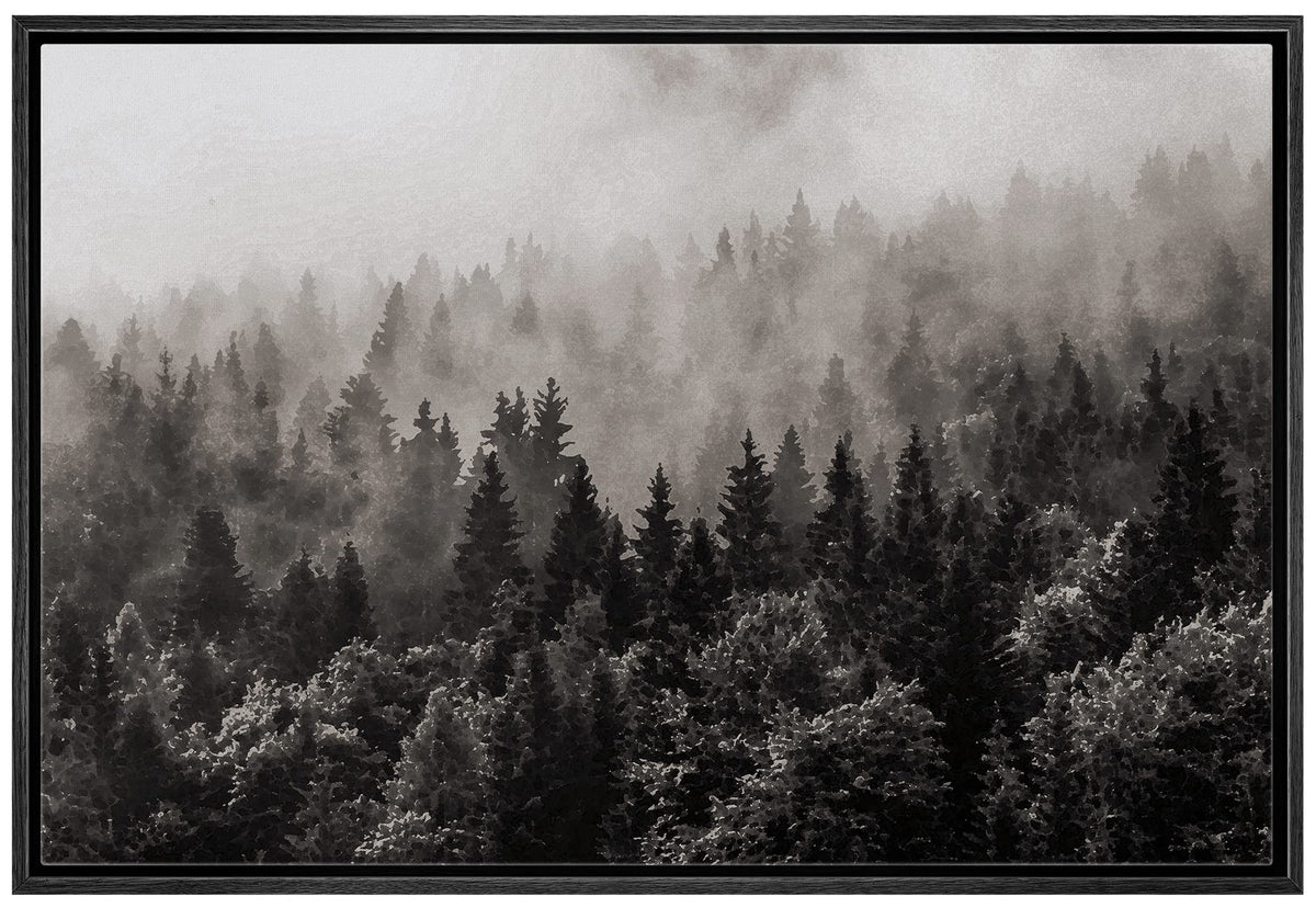 Wall26 Framed Canvas Wall Art - Misty Forest In Black And White - Gallery Wrap Modern Home Art  Ready To Hang - 24''X36'' Black