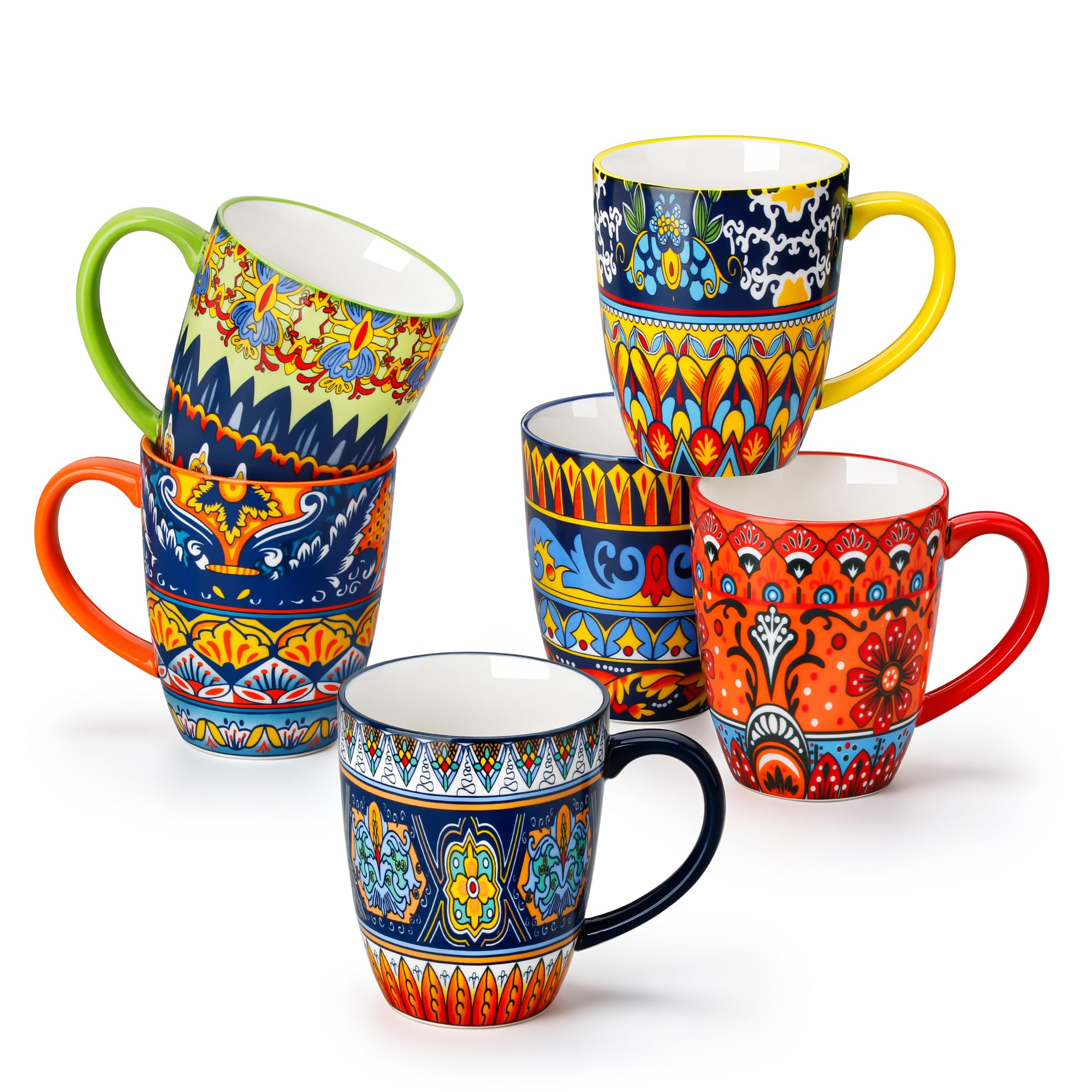 vancasso KRVI Ceramic Coffee Mugs Set of 6, 12 oz Large Coffee Cups with Handles, Colorful Bohemian Patterned Mug Set for Coffee