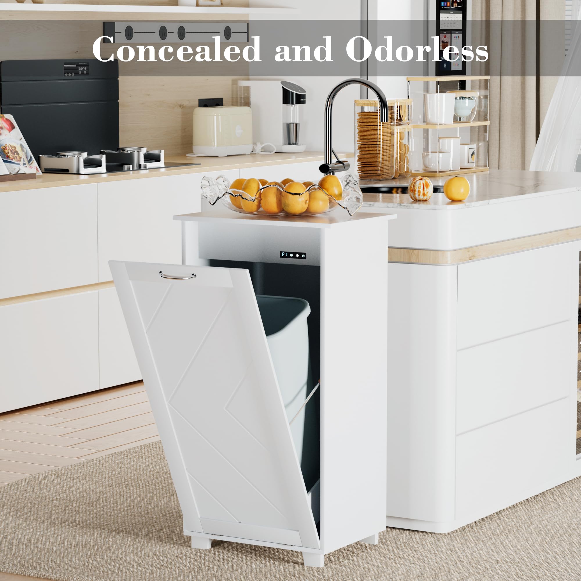Vecelo Tilt Out Kitchen Trash Bin Cabinet, Dog Proof Garbage Can With Wood Holder Free Standing Recycling, White
