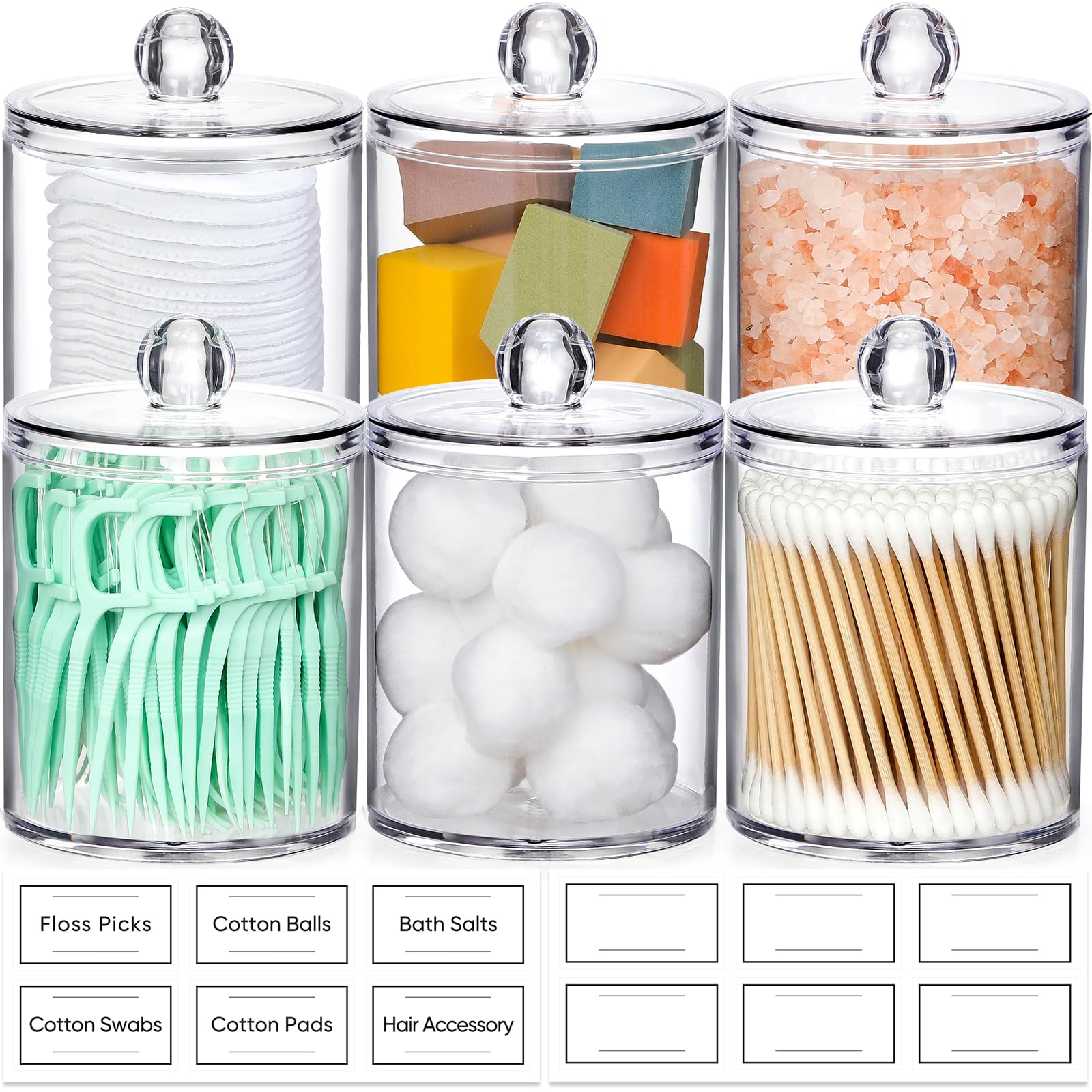 Aozita 6 Pack Acrylic Qtip Holder Dispenser For Cotton Ball, Cotton Swab, Cotton Round Pads, Floss - Clear Plastic Apothecary Ja